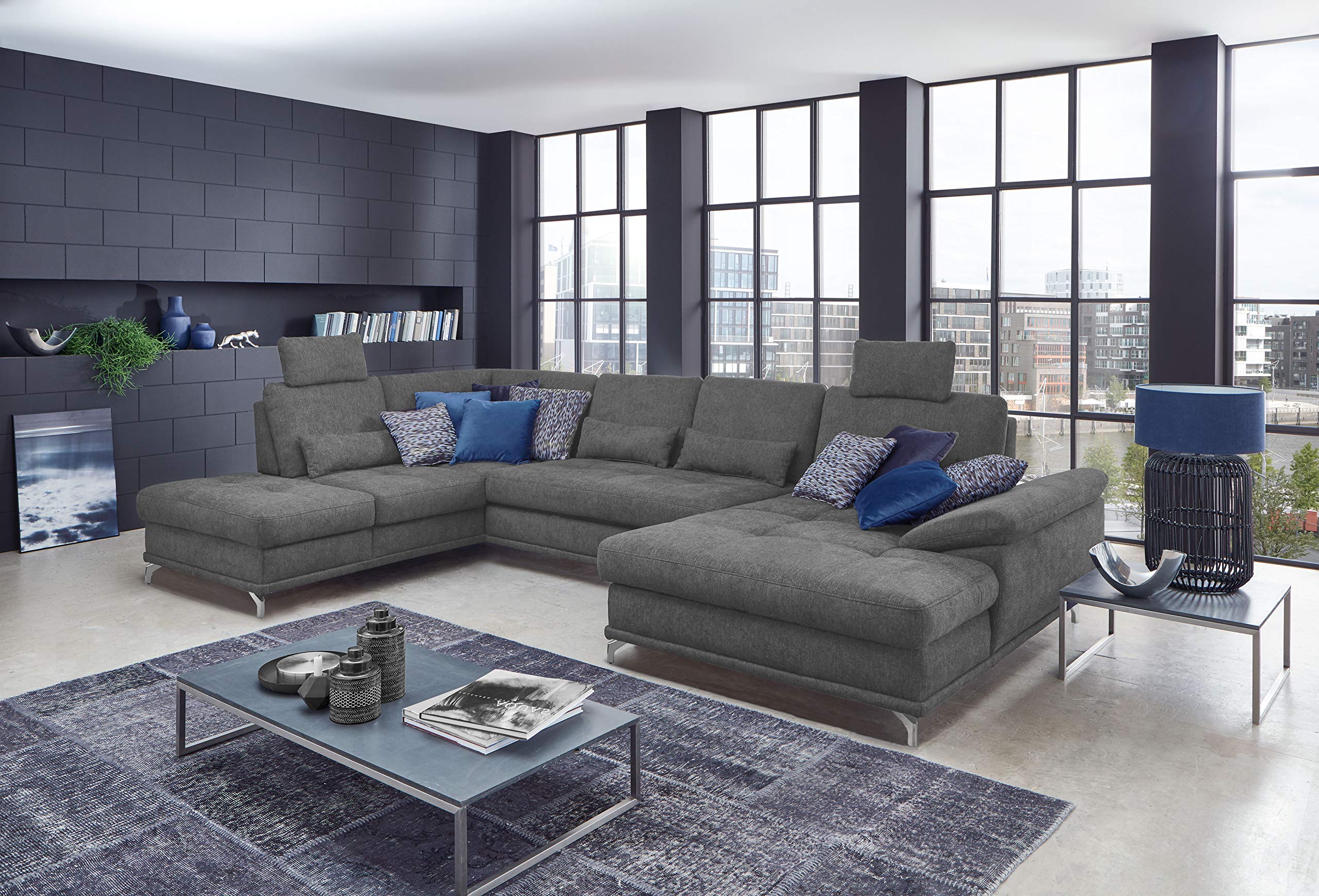 Cavadore Wohnlandschaft Castiel mit Federkern / Großes U-Form-Sofa mit Schlaffunktion, Bettkasten, Sitztiefenverstellung und Kopfstützen / 368 x 114 x 232 / Webstoff, Grau