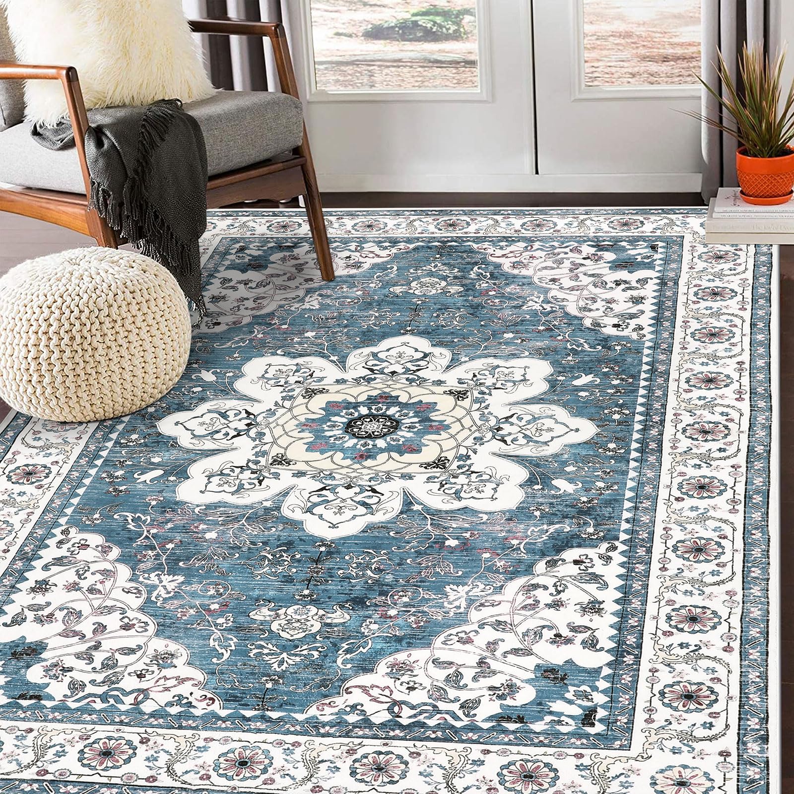 Ileading Bohemian Vintage Area Rug 5x8ft, Machine Washable Low-Pile Accent Carpet, Non-Shedding Non-Slip Living Room Floor Throw Rugs for Bedroom,Dining Room,Kids Playroom,Rv,Office(Teal)