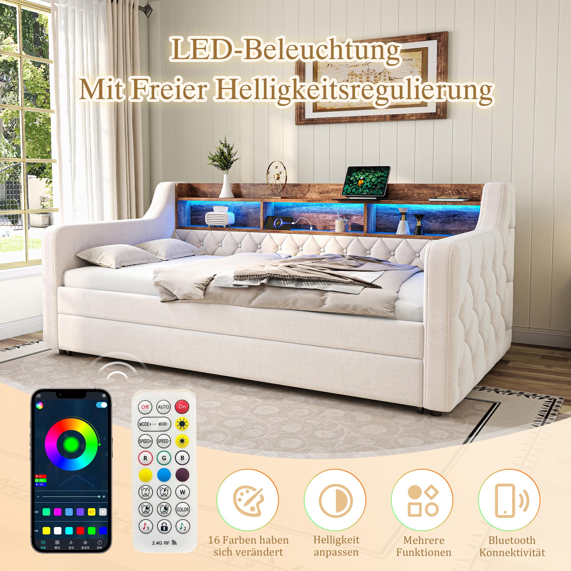Divano Letto 90x190cm in Velluto con Luce LED e Porta USB-C, Testiera Contenitore, Letto Imbottito Matrimoniale con Reti a doghe, Struttura in Metallo e Legno, Sofa Bed Beige