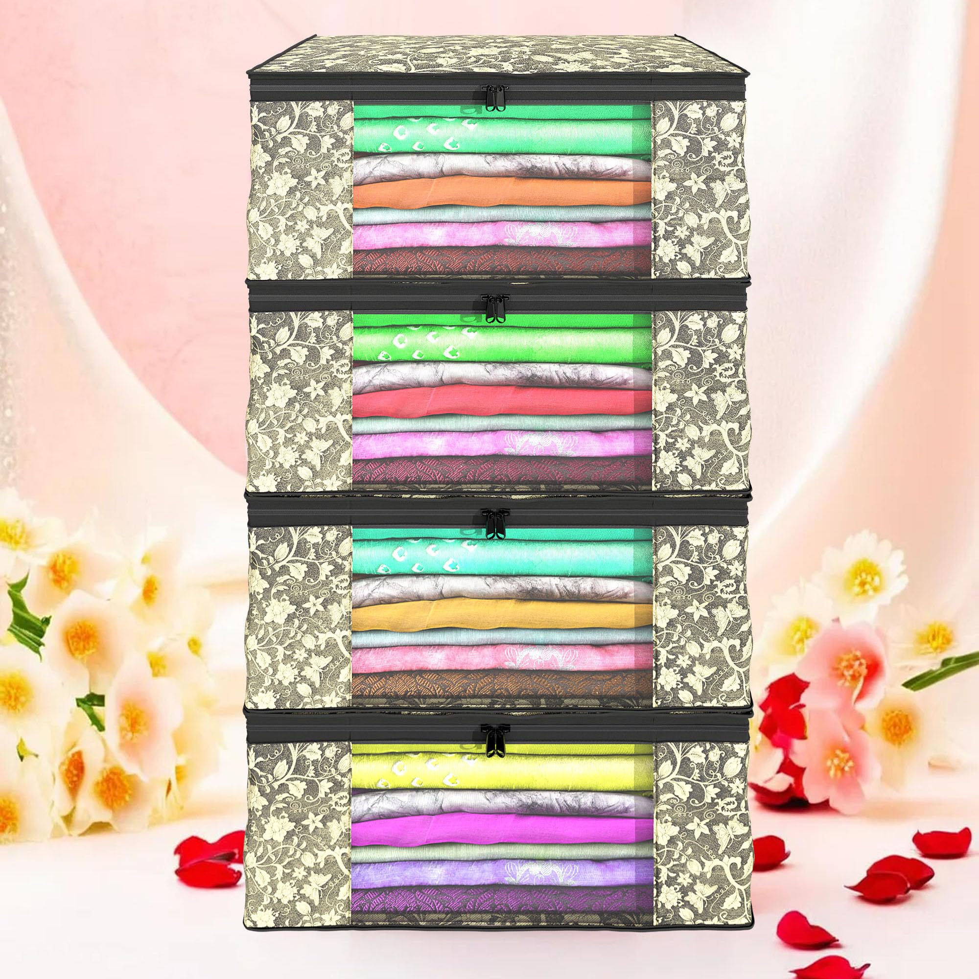 Kuber Industries (Pack of 4) Saree Covers | Non-Woven Saree Bags (9 Inch) Clothes Bag for Women | Foldable Storage Bag for Almirah & Wardrobe (New Flower) Sari Cover Bags | Black (B0D7VG8MKQ) Amazon Price History, Amazon Price Tracker