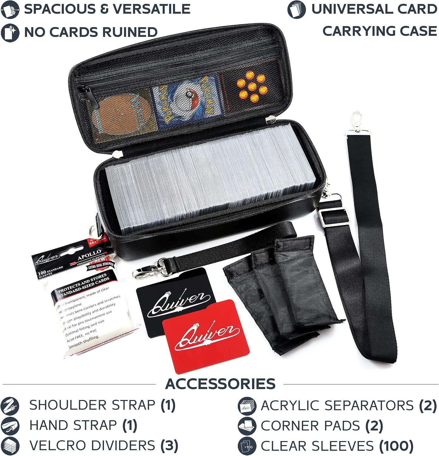Quiver Time Black Bolt Card Carrying Case fits PM Cards and other TCG Games - Storage Bag for Playing/Trading Cards and Deck Box (Straps, Dividers & 100 Apollo Card Sleeves)