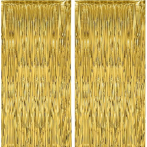 2 Pack Gold Foil Fringe Backdrop Curtains, Tinsel Streamers Birthday Party Decorati...