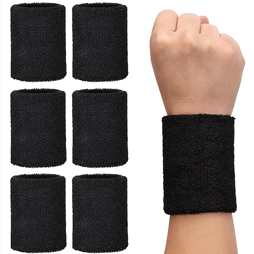 H&S Absorbent Wrist Sweatbands for Athletic Men and Women - 6 Pcs Tennis Wrist Sweat Bands for Gym & Running - Black Moisture-Wicking Wristbands for Exercise