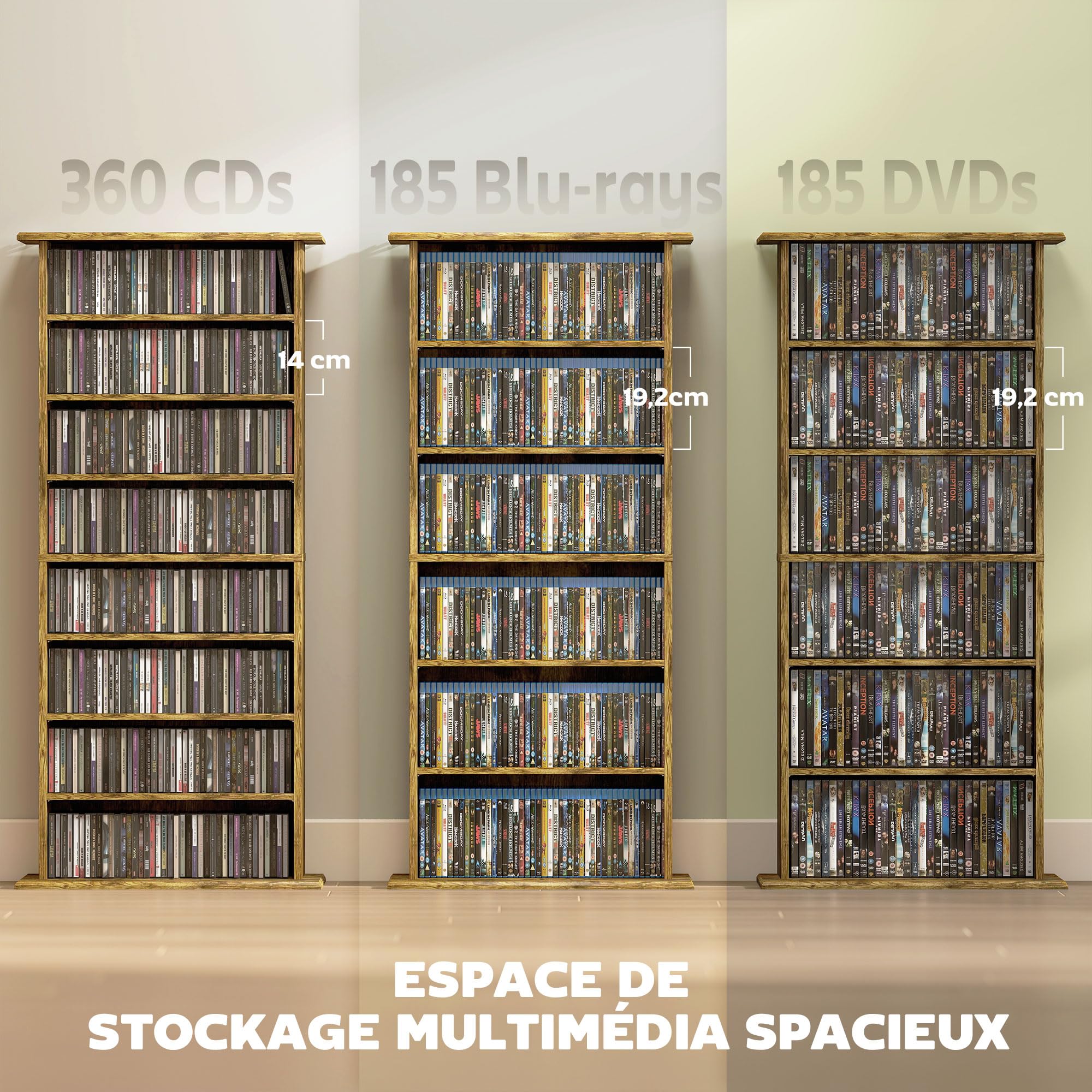 HOMCOM Armadietto per CD e DVD, capacità max. 360 CD/185 DVD e Blu-ray, 8 scomparti e 6 ripiani regolabili, per soggiorno, camera da letto, 58 x 24 x 126,3 cm, marrone