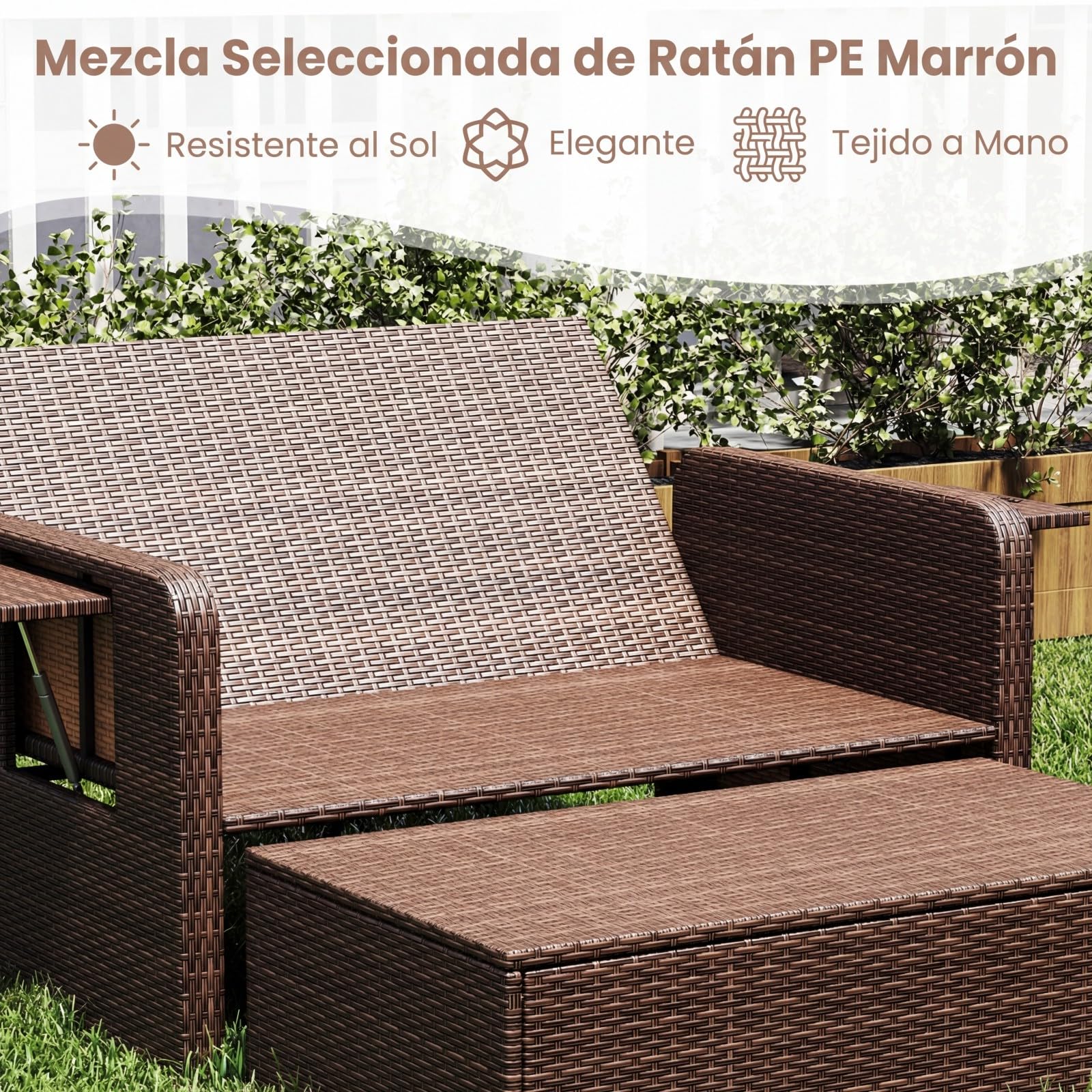 COSTWAY 4 en 1 Tumbona de Ratán para Patio, Sofa Exterior de Ratán con Respaldo Ajustable y Mesas Auxiliares Plegables, Conjunto de Sofá de 2 Piezas y Otomana con Almacenamiento (Marrón+Gris)