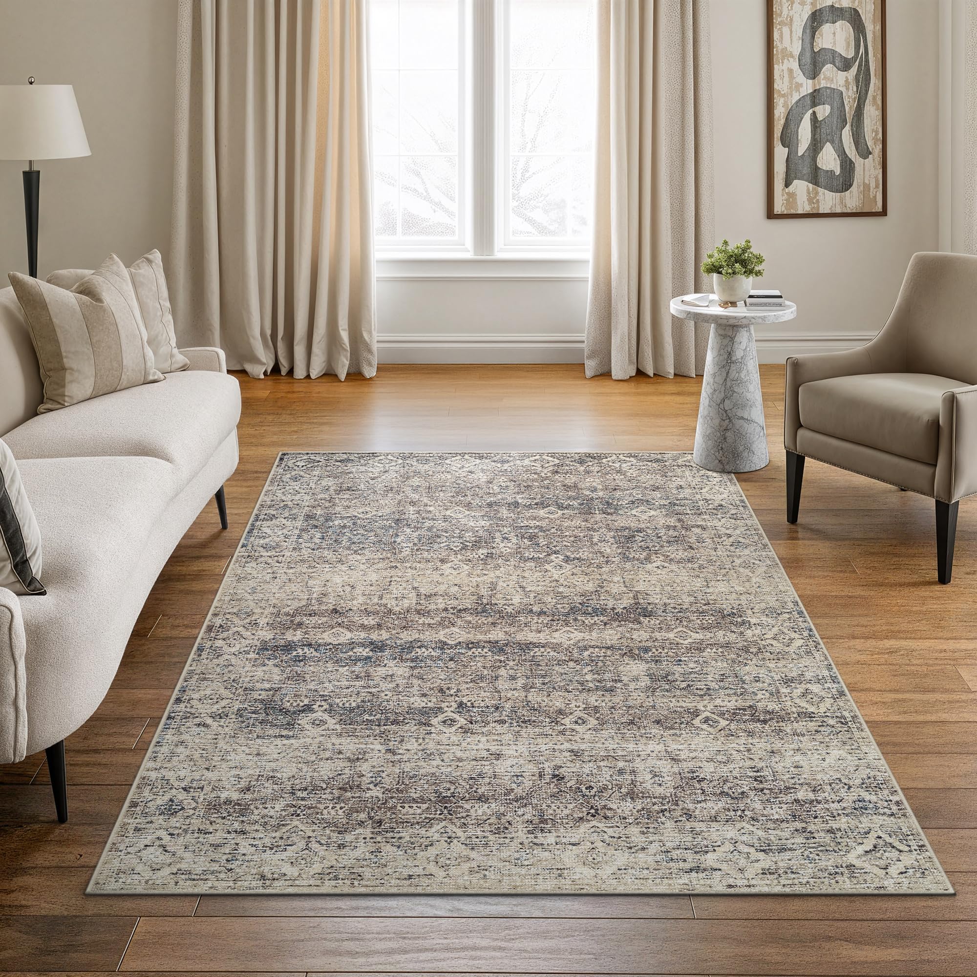 Bloom Rugs Caria Washable Non-Slip 4x6 Rug - Beige Brown/Teal Traditional Area Rug for Living Room, Bedroom, Dining Room, and Kitchen - Exact Size: 4'