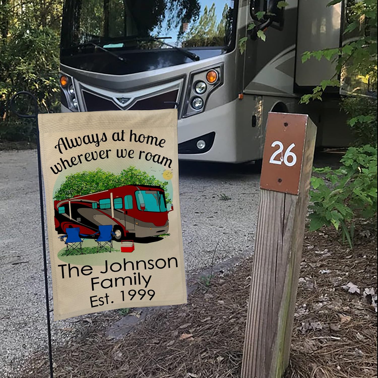 Personalized Camping Flag, Always at Home Wherever We Roam with 3 Lines of Custom Text, Maroon and Gray Class A Motorhome on Tan Fabric
