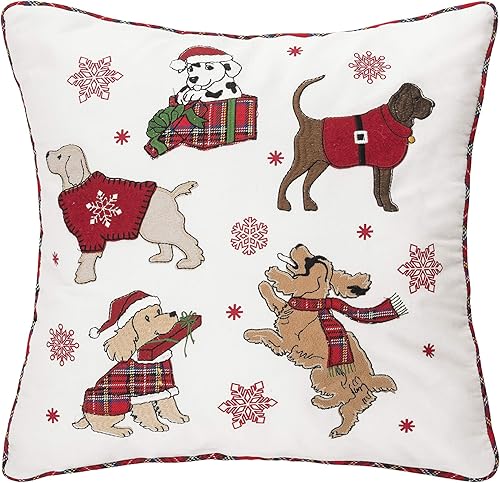 C&F Home Cojín decorativo festivo de 18 x 18 pulgadas para perros juguetones, decoración de Navidad, para sofá o cama, 18 x 18 pulgadas, color blanco