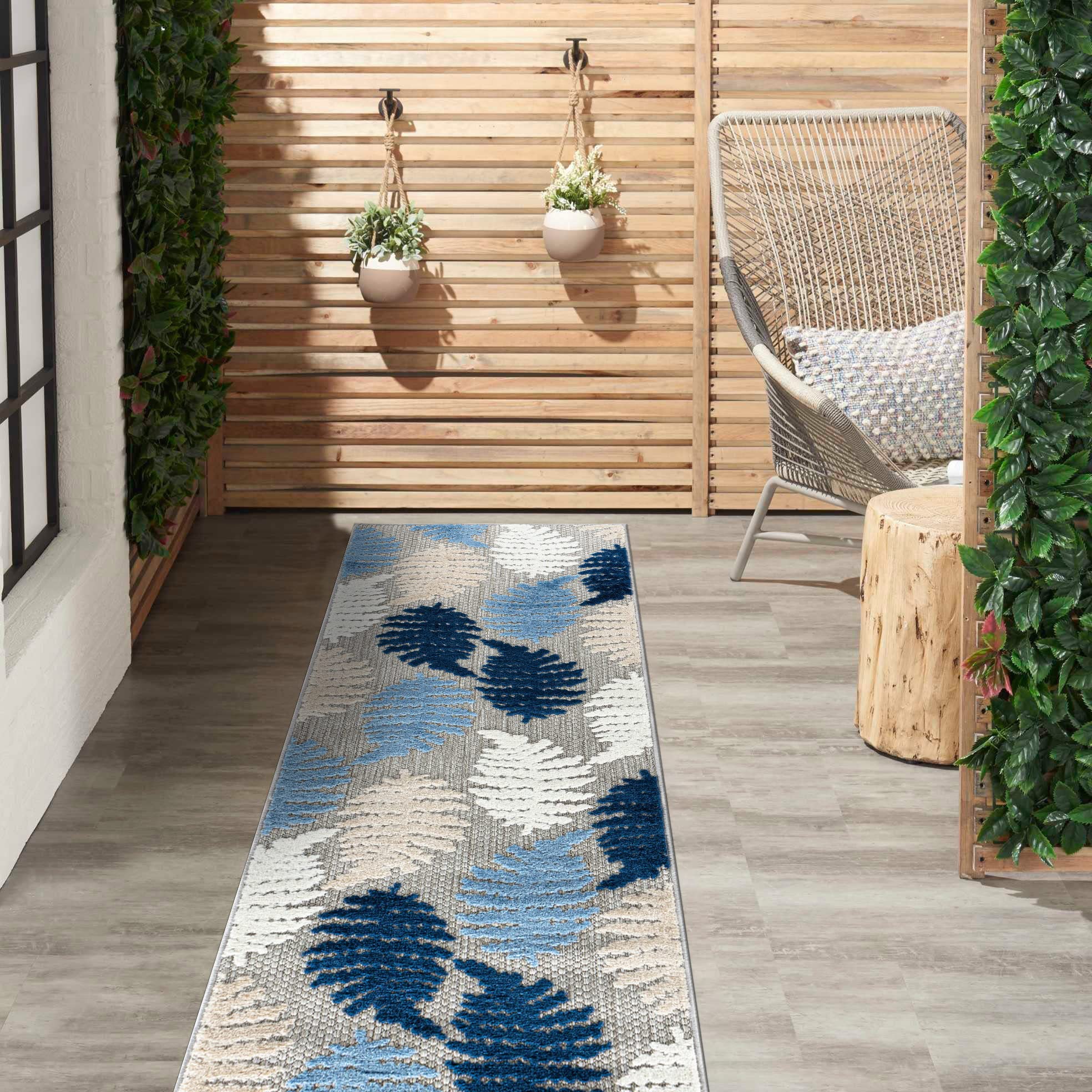Rugshop Seville Floral Leaves Non-Shedding Patio Deck Backyard Indoor/Outdoor Runner Rug 2' x 7' Blue