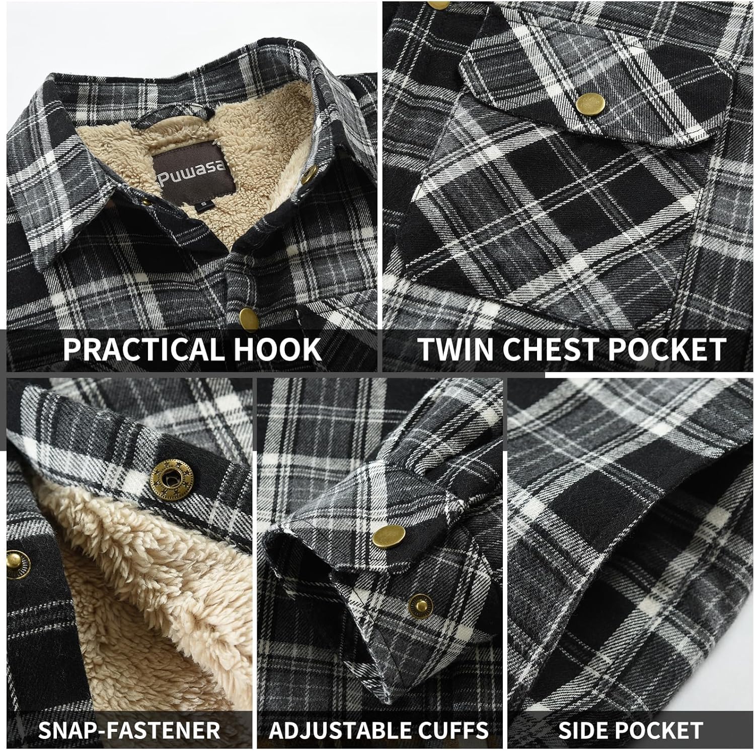 Men's Sherpa Lined Cotton Flannel Shirt Jacket Plaid Button Up Jacket Coat for Men with Pocket - Image 6