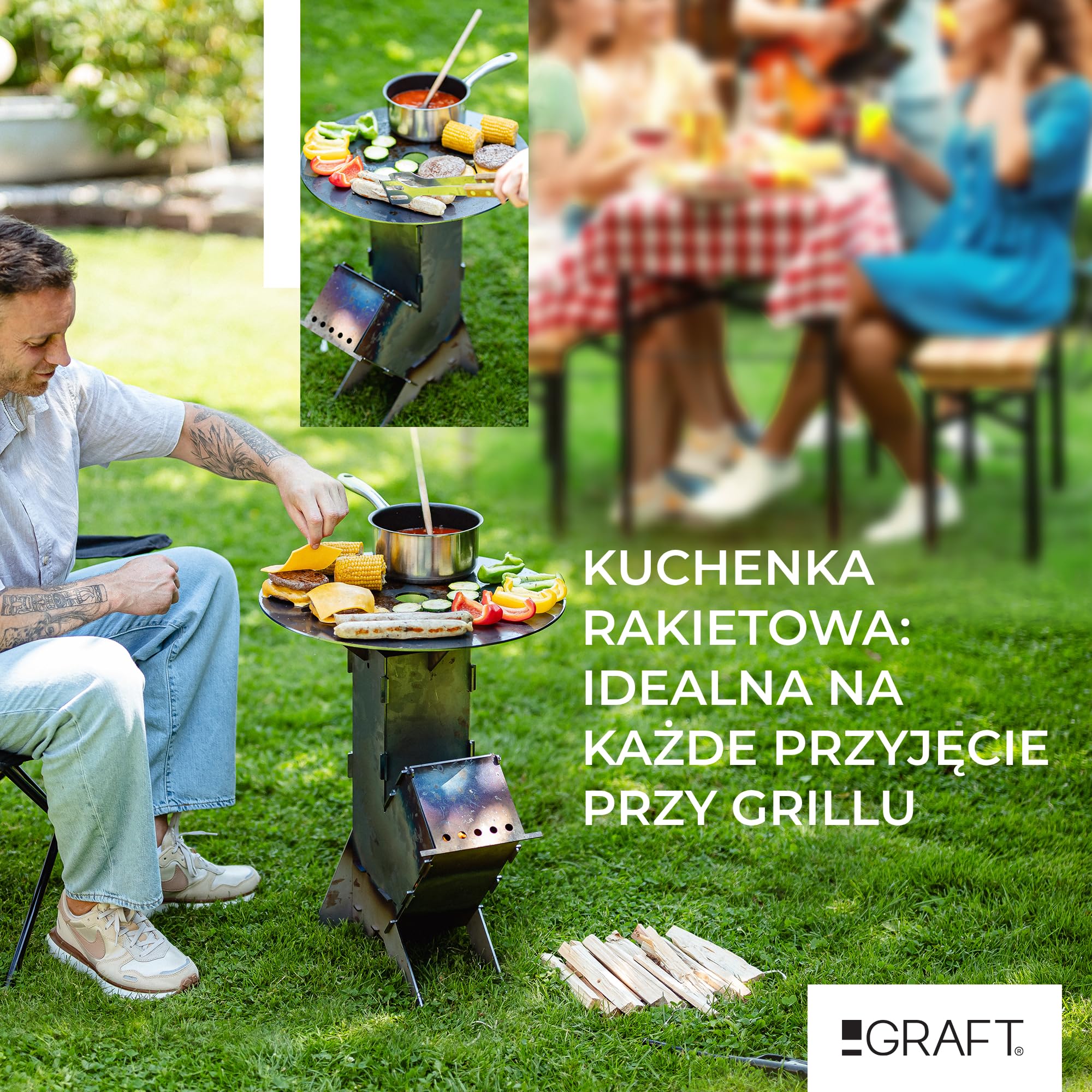 GRAFT Piecyk rakietowy wraz z płytą Rocket Stove wykonany z litej stali 3 mm | miska ogniowa | piec na pellet, drewno | kuchenka kempingowa | grill | kuchenka na drewno