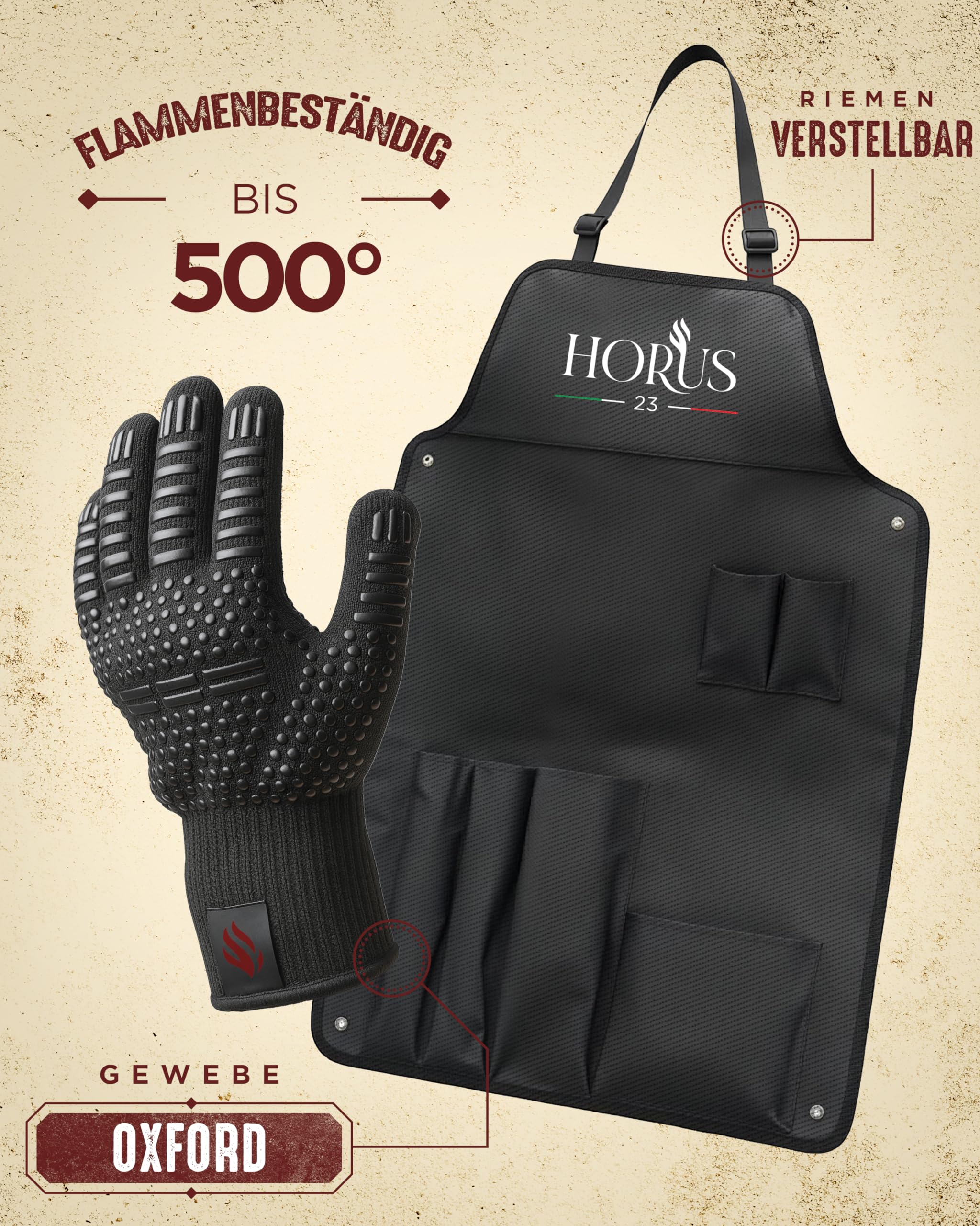 HORUS 23® – Grill Set mit Grill Zubehör aus Edelstahl, Oxford-Schürze, Hitzeschutzhandschuh und Grillmatte - Geschenke für Männer Grillen