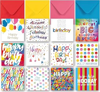 Birthday Cards Multipack of 24. Each Greeting Cards Multipack includes 12 Colourful Designs. Gold Foil and Embossing. Blank Inside. Eco friendly. Made in UK.