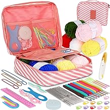 Coopay Kit Uncinetto per Principianti Set Uncinetto con Filato per Uncinetto, 58 Pezzi Set Uncinetto Portatile Uncinetti ergonomici Forniture per Uncinetto per Maglieria da Viaggio, Strisce Rosa