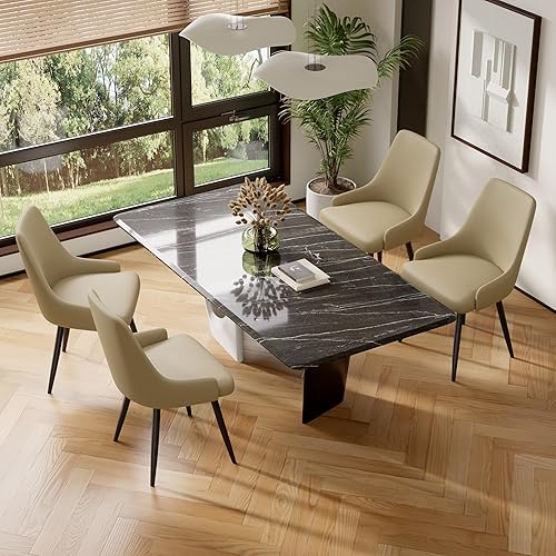 Vista 10 de Juego de 6 sillas de comedor modernas, espaciosas y cómodas, sillas de comedor tapizadas de piel sintética con cojín grueso para comedor, color negro