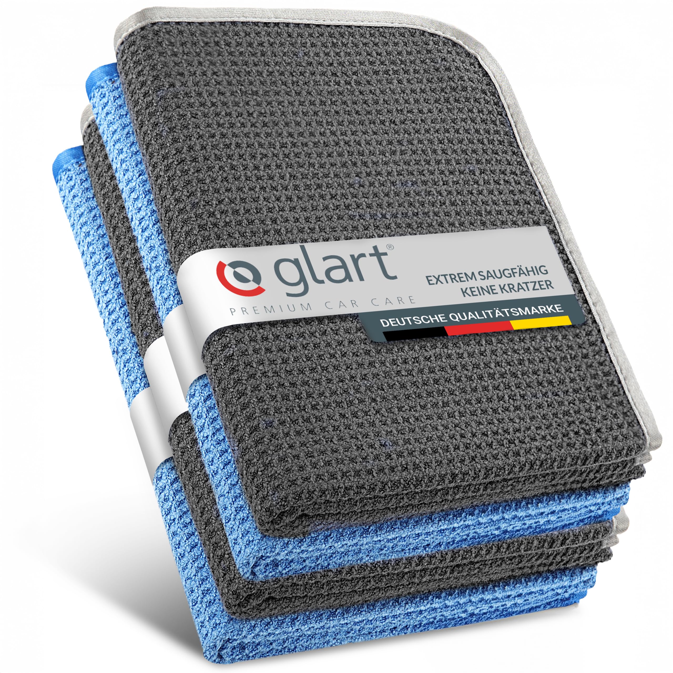 Glart H47TB Mikrofasertücher 4er Set – 70x40 cm Waffeltücher für Küche, Glas & Bad – saugstark & fusselfrei – 390 GSM, blau/grau
