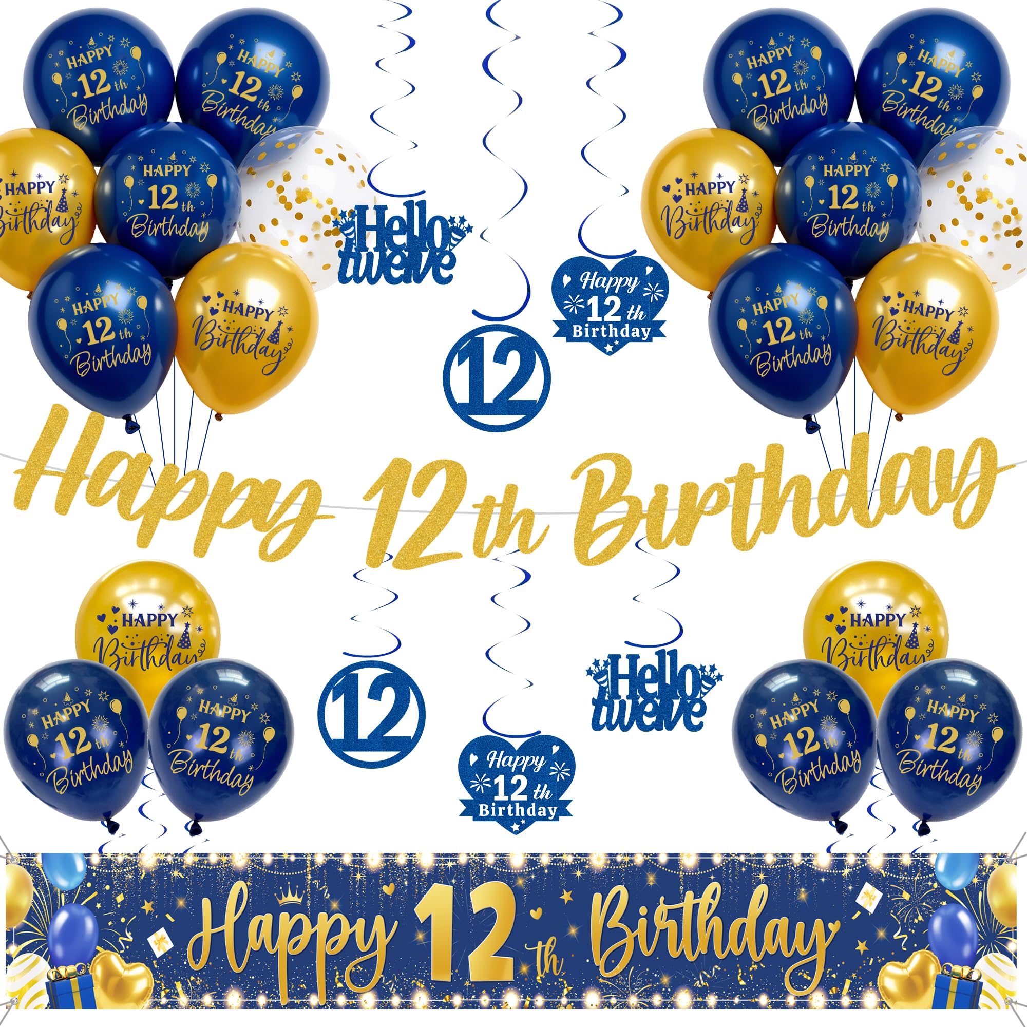 12th Birthday Decorations for Boys Girls - Navy Blue Gold Happy 12th Birthday Yard Banner and Letter Garland Banner, Hanging Swirls Decor and Latex Balloons for 12 Years Old Children Party Supplies