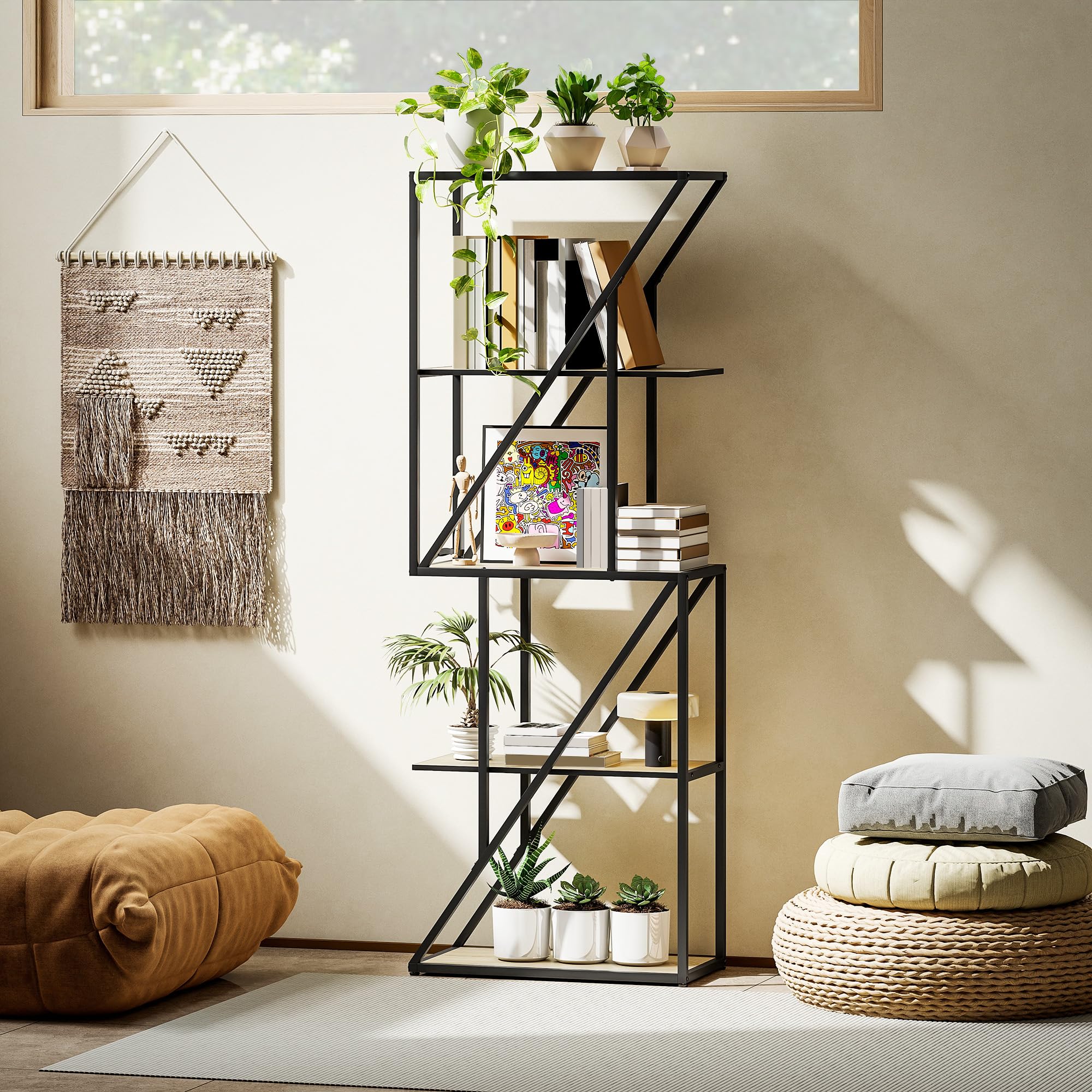 HOMCOM Librería de 5 Niveles con Estantes Abiertos 60x30x165 cm Roble | Estantería para Libros Industrial, Marco de Acero Entrecruzado, para Salón, Dormitorio, Oficina