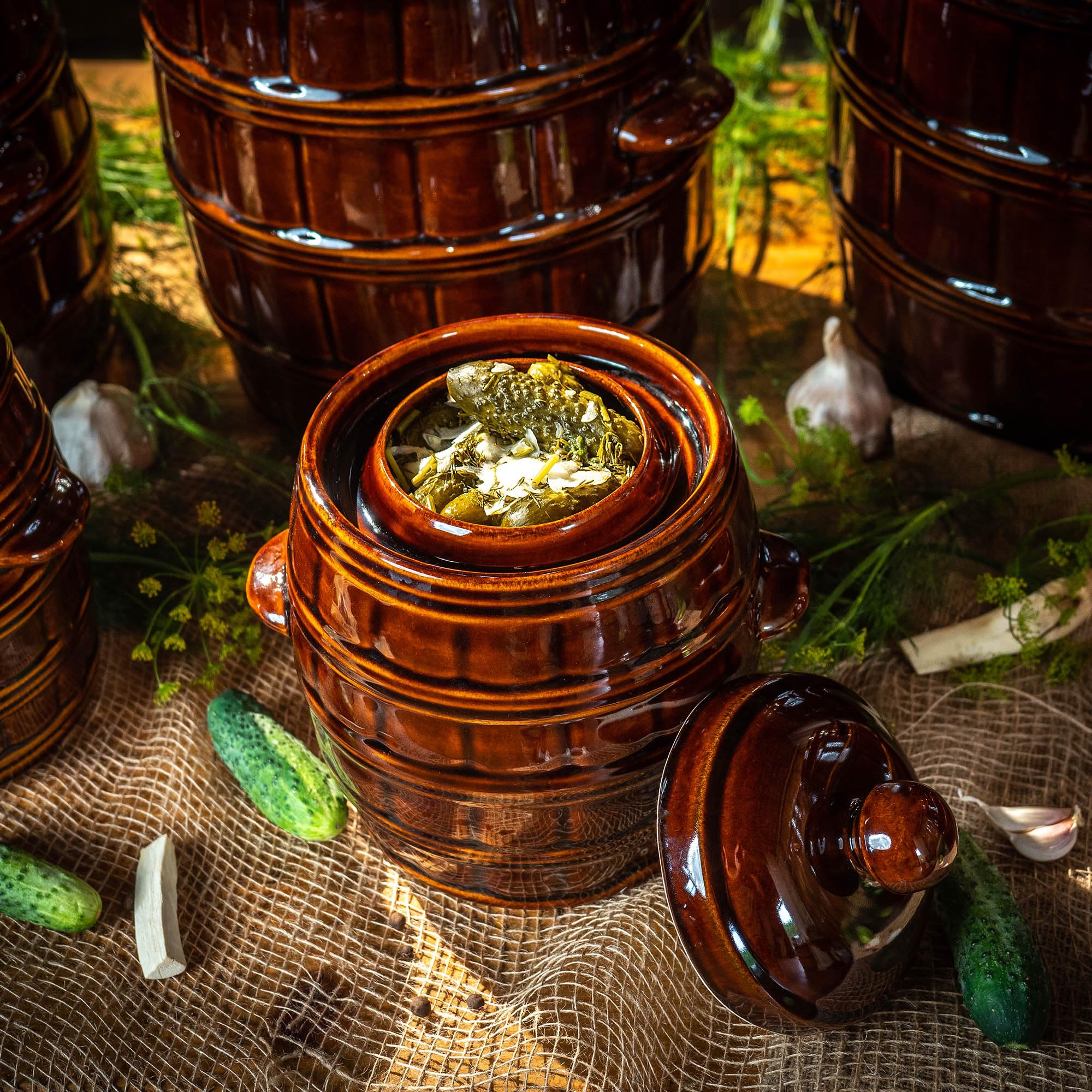 KADAX Casserole de fermentation en grès 8L marron, cuvette d'eau et couvercle pour l'étanchéité, lavable au lave-vaisselle, pour mariner les concombres et le chou