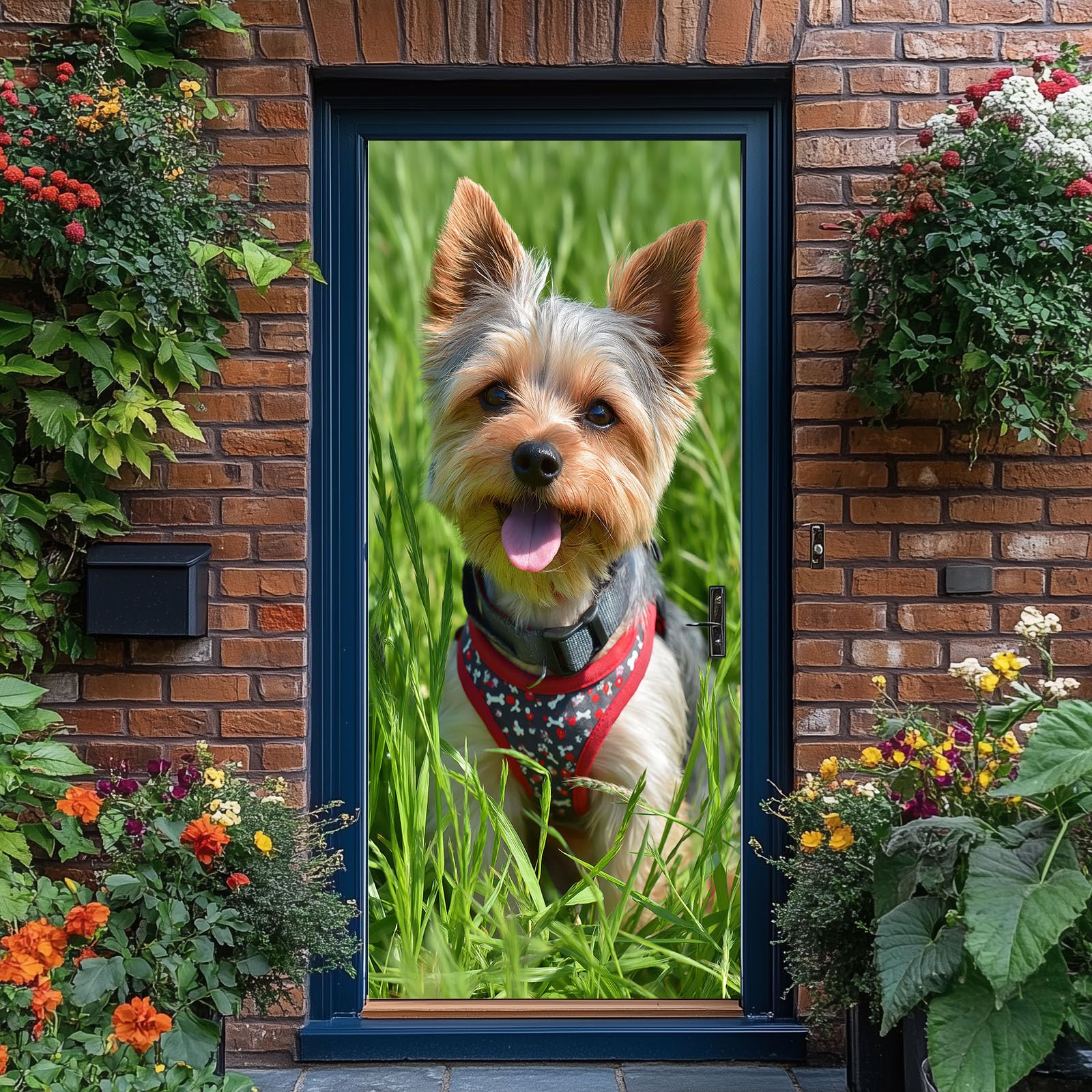 Adesivo per porta con cucciolo di animale, motivo prato verde naturale, in PVC, impermeabile, rimovibile, decorazione per porta per camera da letto, soggiorno, decorazione per la casa, 95 x 210 cm