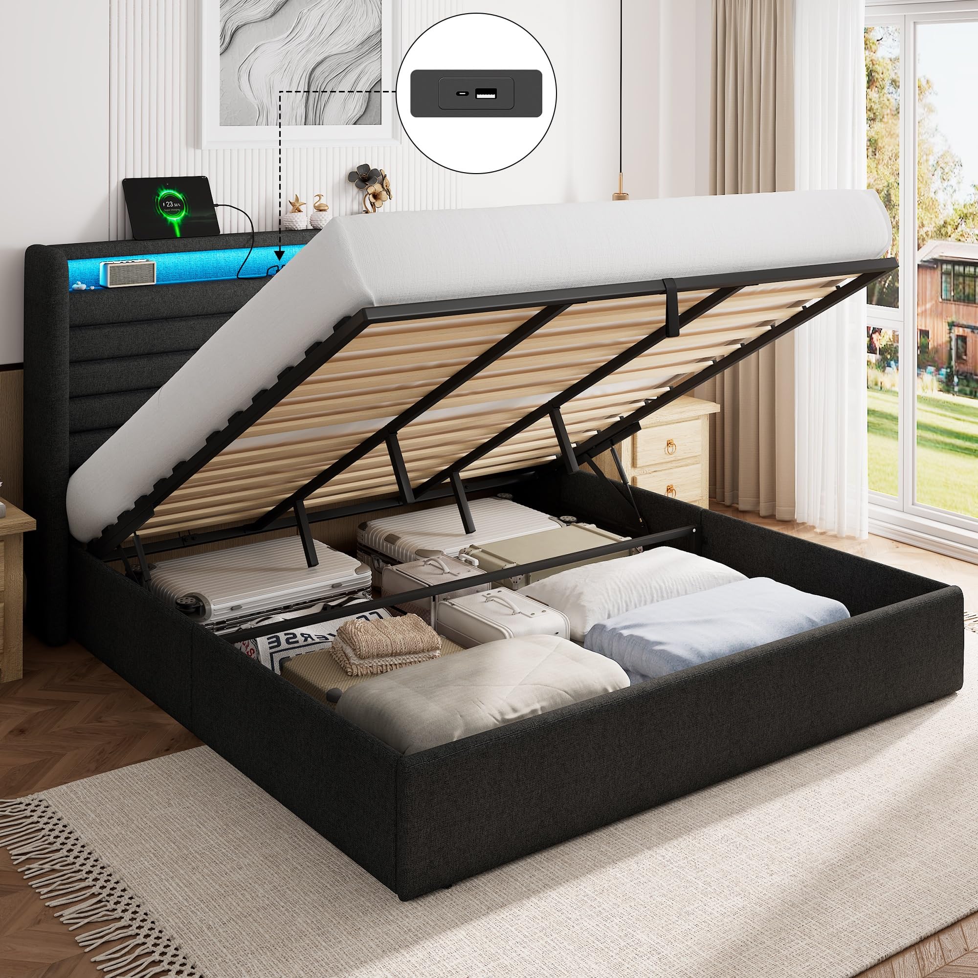 FEONASE Cama 160x200 cm con Almacenamiento, Tapizada, LED y Carga, Cabecero Hidráulico de Lino