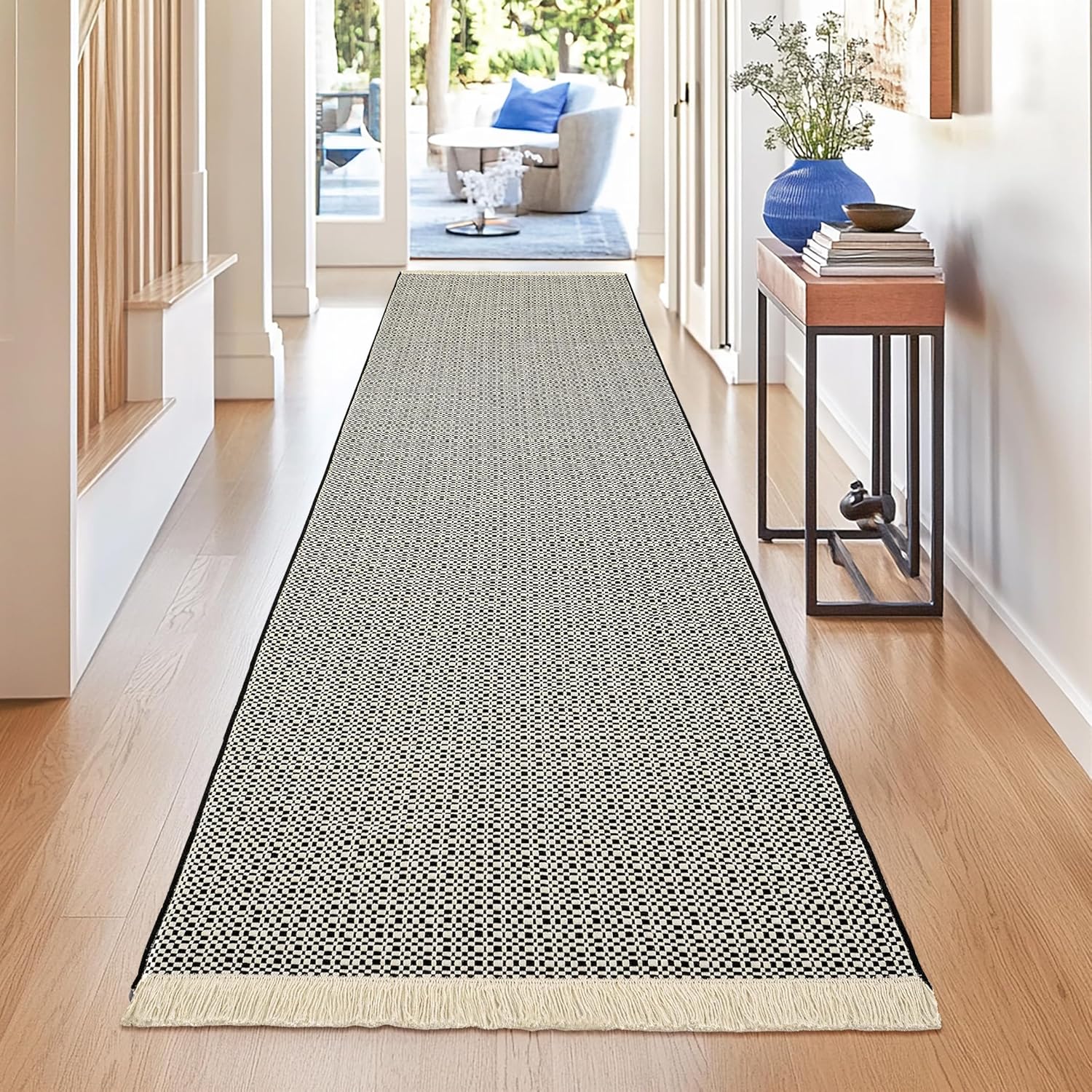 Tritard Checkered Entryway Runner Rug 2'6''x10 Extra Long Woven Cotton Runners Carpet with Tassels Washable Checkerboard Outdoor Rugs for Kitchen, Bedroom, Laundry Room, Doorway, Black
