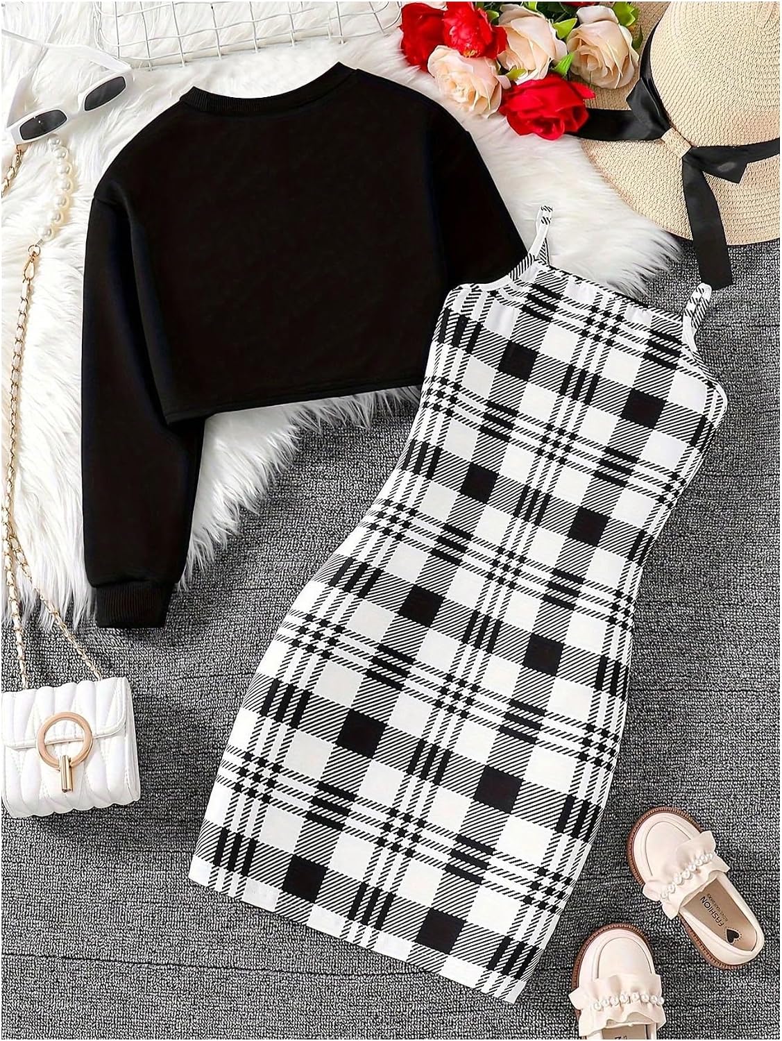 MakeMeChic Girl's 2 Piece Fall Outfits Cropped Sweatshirt and Plaid Bodycon Cami Dress Sets