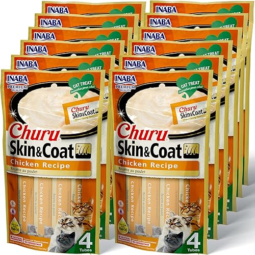 INABA Churu para piel y pelaje puré lamible golosinas naturales para gatos con aceites omega, taurina y té verde, 0.5 onzas cada uno - Receta de