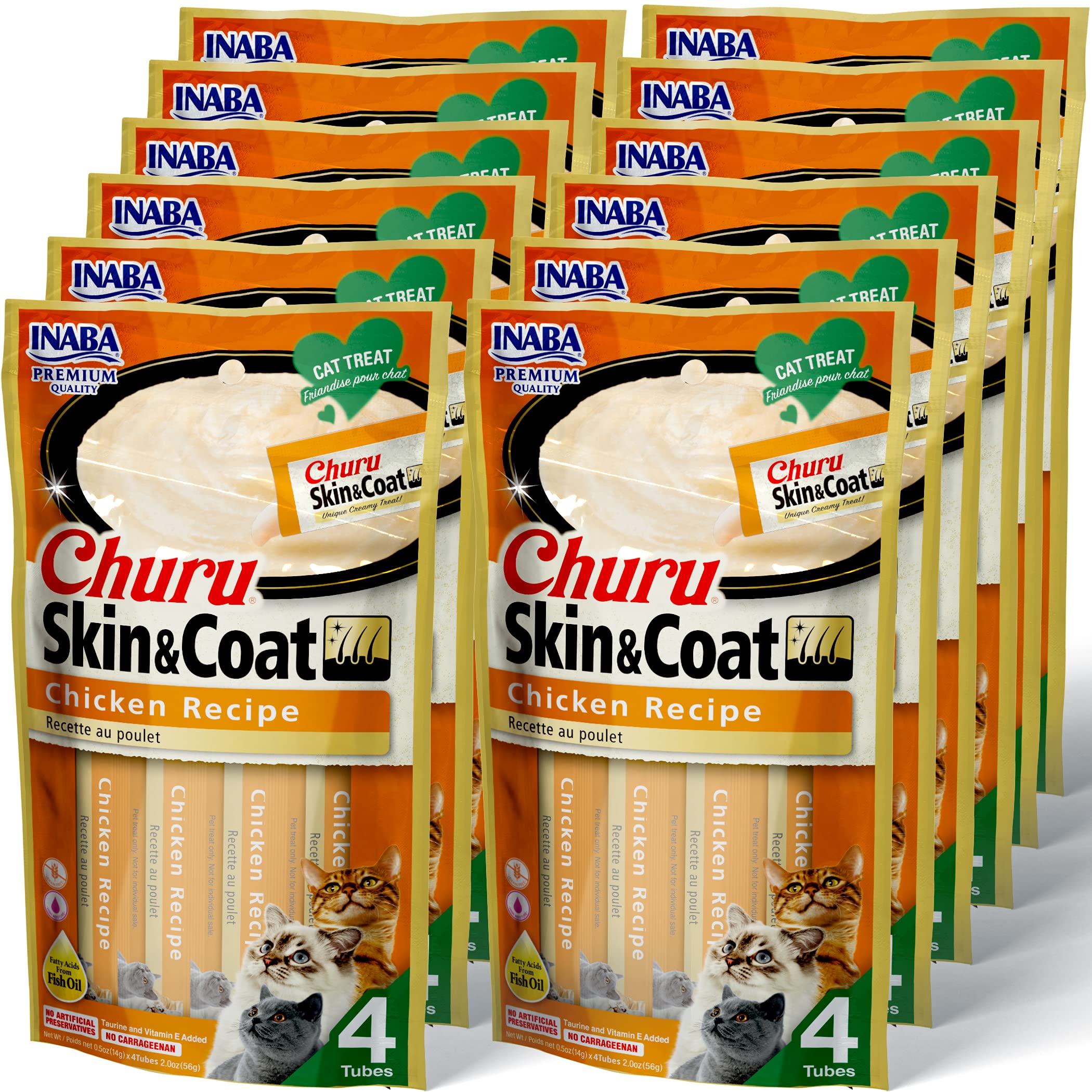 INABA Churu Lickable Purée Natural Cat Treats for Skin and Coat with Omega Oils, Taurine and Vitamin E, 0.5 Ounces Each - Chicken Recipe (48 Tubes)