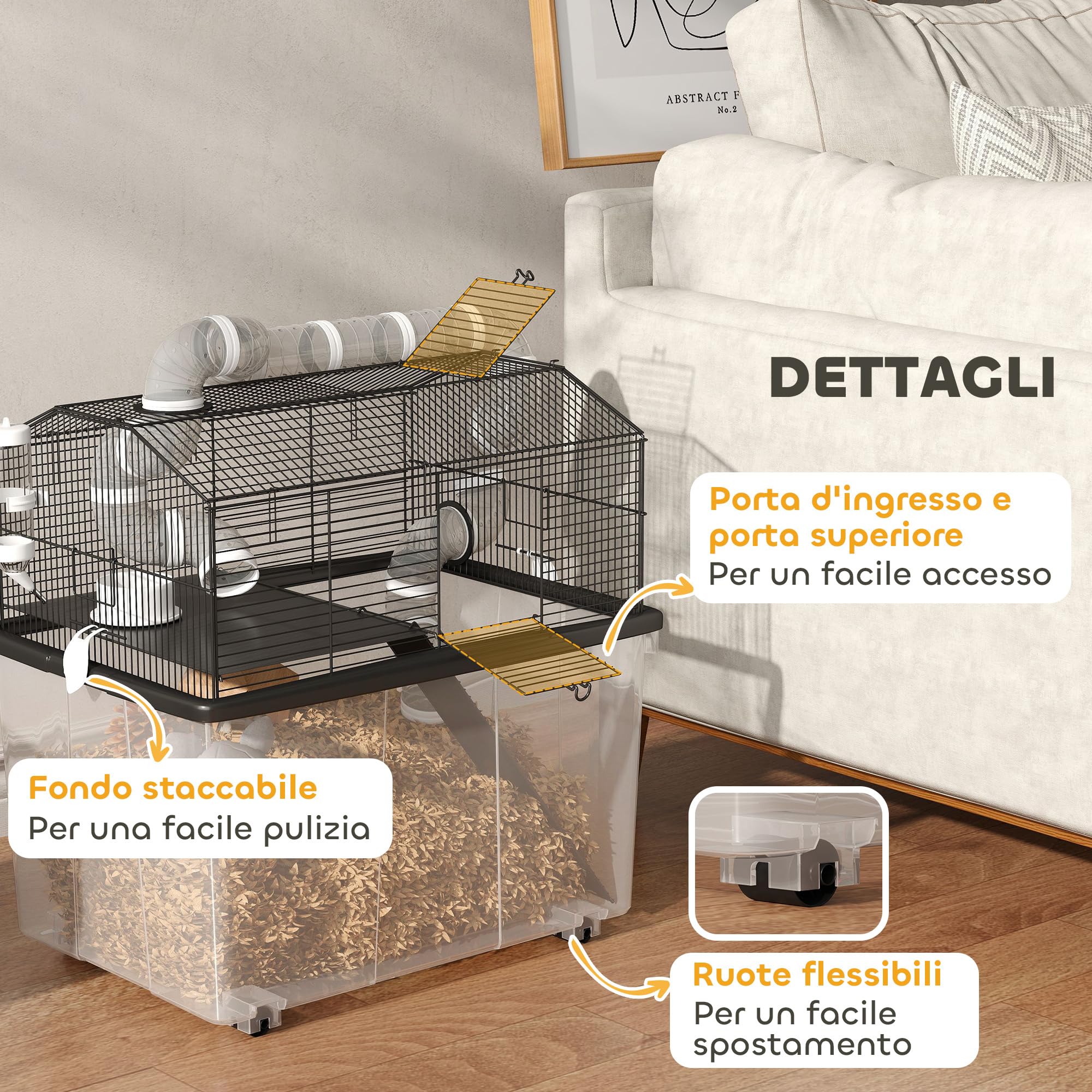 PawHut Gabbia per Criceti a 2 Livelli Base Profonda 31 cm 58x43x57 cm Nero | Casetta per Gerbilli, Ruote, Tubi, Ciotola, Bottiglia, Rampa