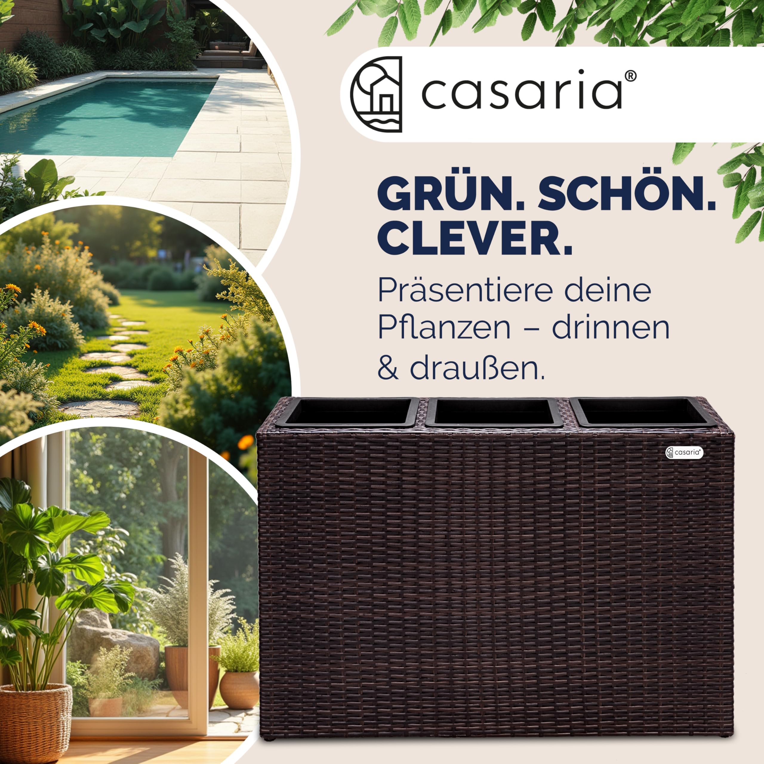 Casaria® Macetero Exterior con 3 Macetas Internas Extraíbles Jardinera Poliratán con Drenaje de Agua 83x30,5x60cm Marrón