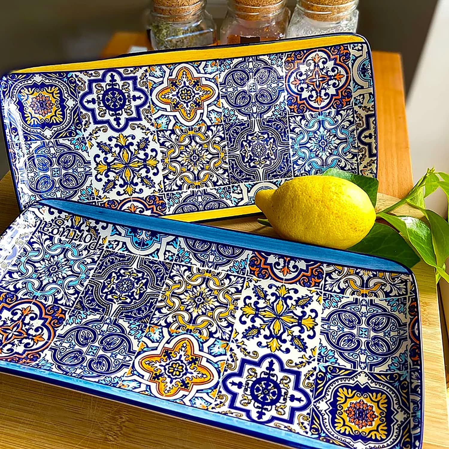 Portuguese Pottery Alcobaça Ceramic Decorative Serving Rectangular Platter (Yellow), 11 inches x 5.5 inches x 1 inches