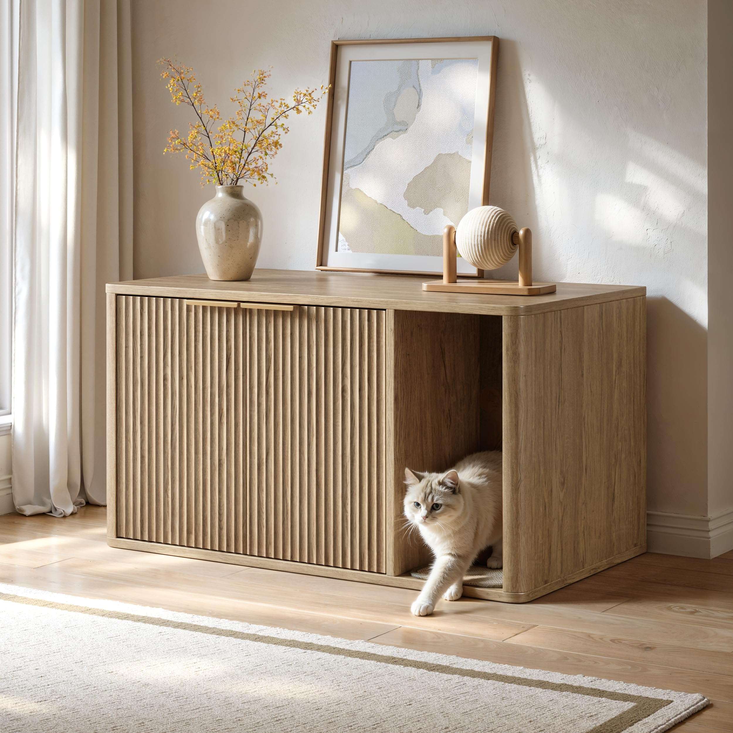 Katzenklo Schrank 90x50x50 cm, Katzenschrank für Katzentoilette aus Holz mit Kratzmatte, Verstecktes Katzenklo Haus für Wohnzimmer, Flur und Schlafzimmer, Buche