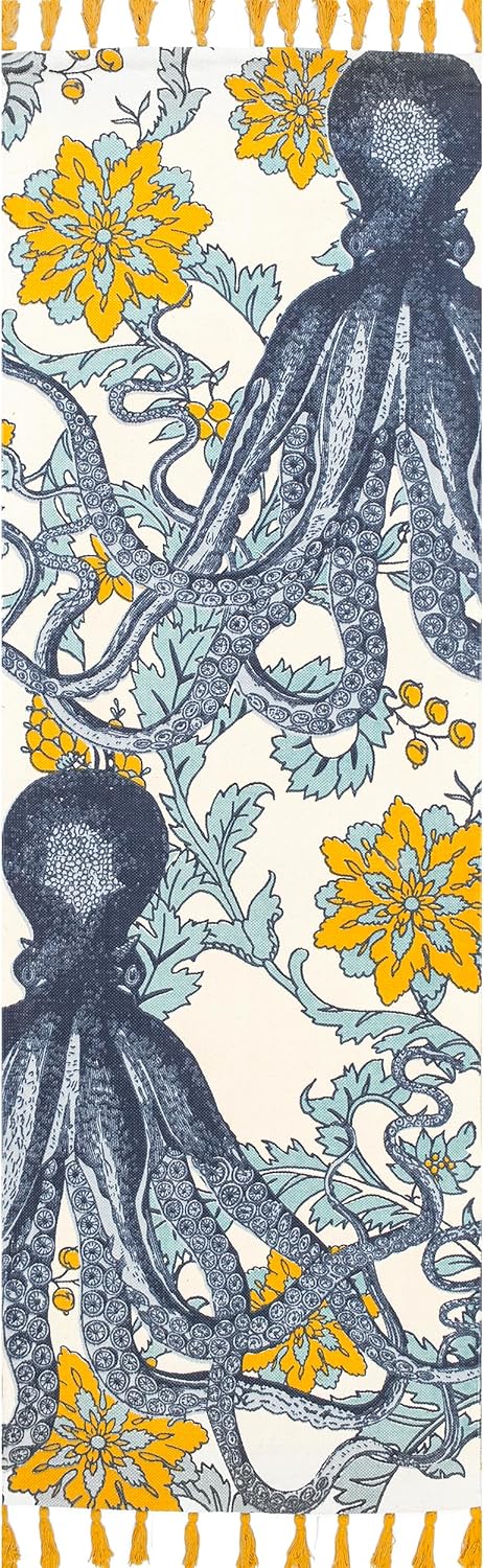 Nuloom Thomas Paul Blue Multicolor/Ivory, 2'8" x 6', Handmade, Octopus Print, Cotton, Soft and Cozy, High Traffic, Stain Resistant, Easy Clean, Durable Runner for Bedroom, Living Room, Dining, Den