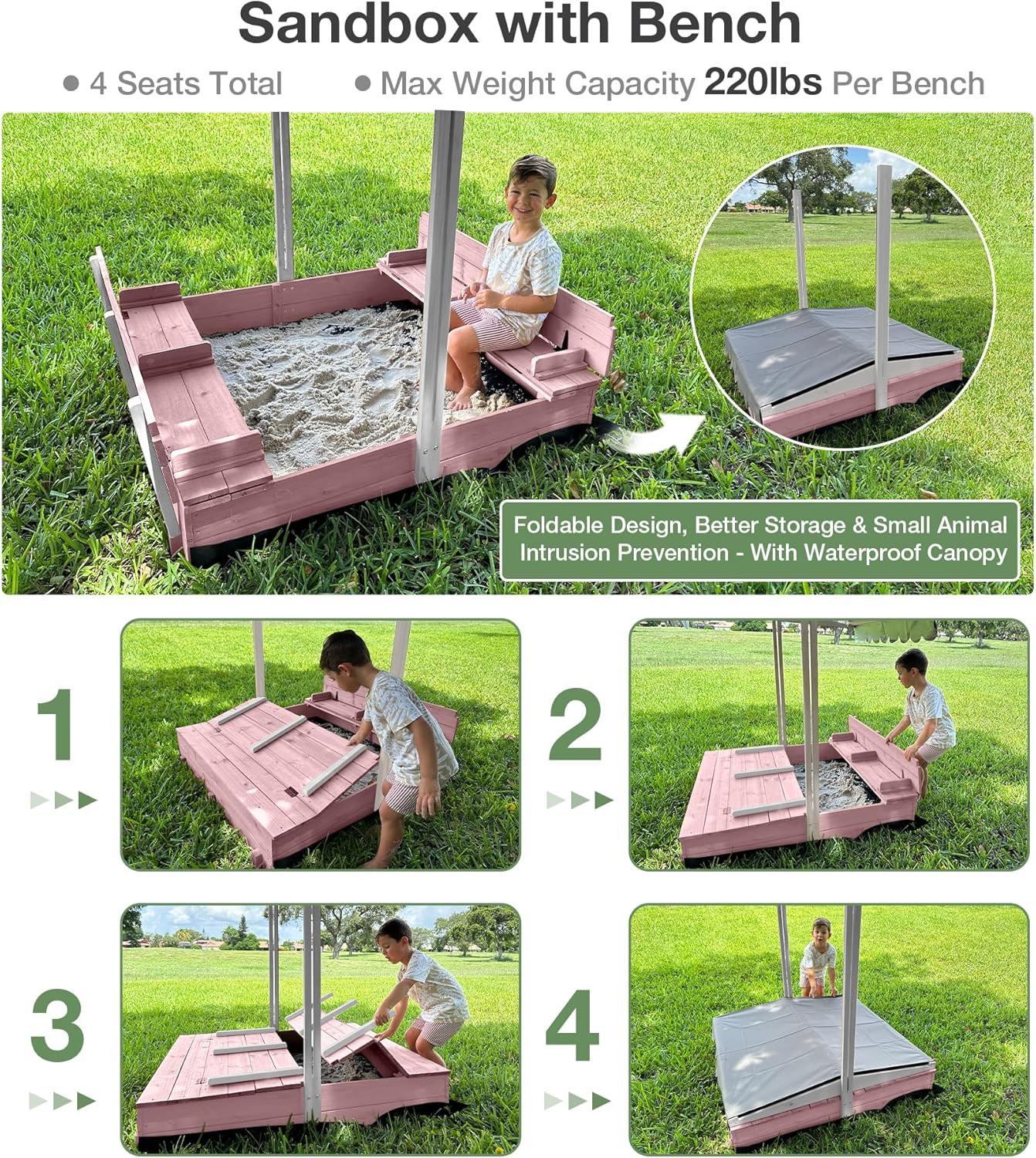 Sandbox with Lid and Cover, Kids Outdoor Sandbox with 360° Adjustable & Waterproof Canopy, Sand Leak-Proof Liner, Sturdy Backyard Sandbox for Garden/Patio - Pink