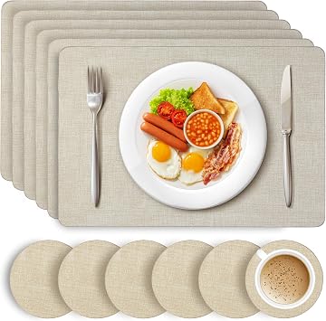 HEFTMAN Beige Placemats and Coasters - Set of 6 Large PU Leather Coasters and Place Mats for Table, Heat Resistant up to 100 , Stain Resistant Wipe Clean Placemats, 43cm x 30cm