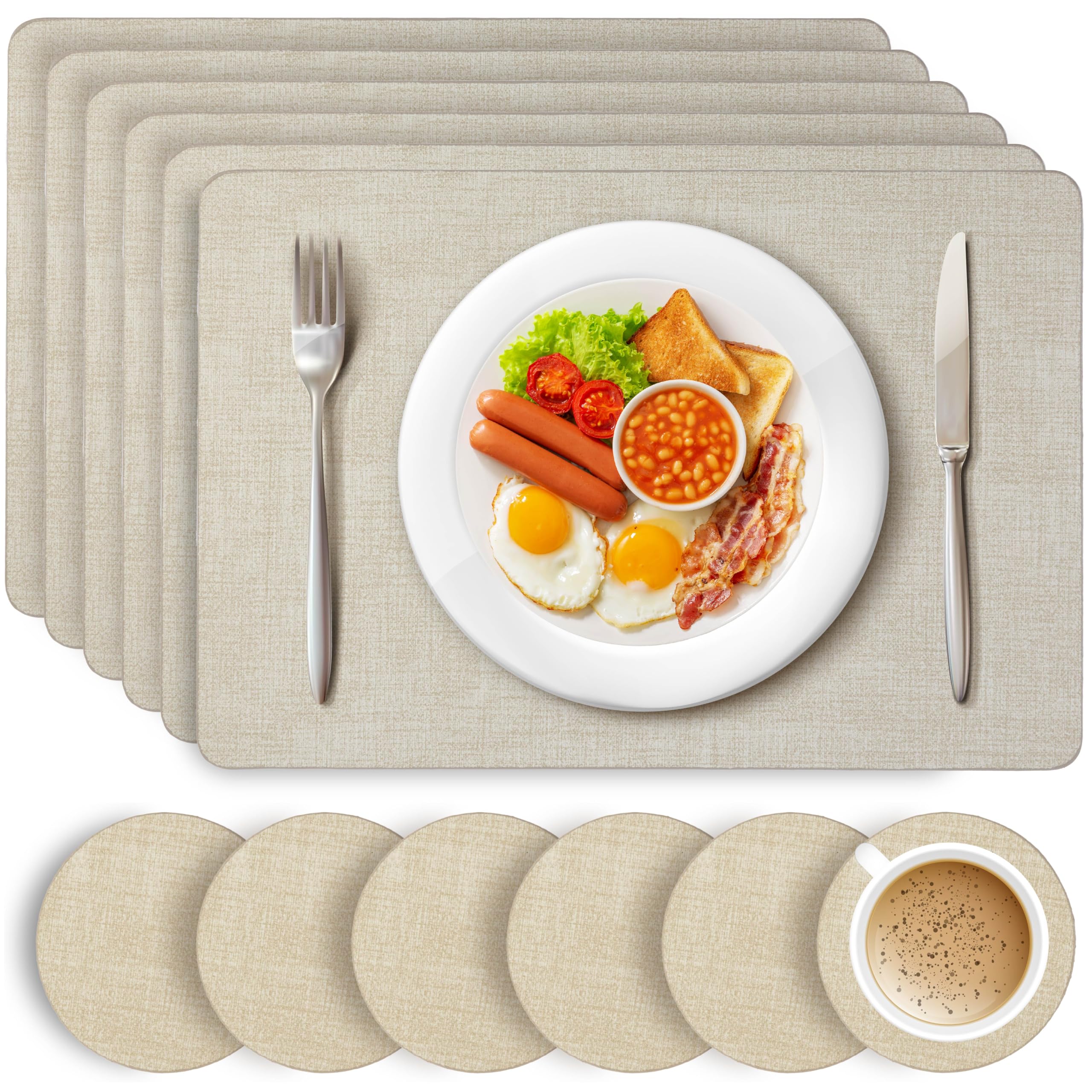 HEFTMAN Beige Placemats and Coasters, Set of 6 Large PU Leather Coasters and Place Mats for Table Heat Resistant up to 100℃