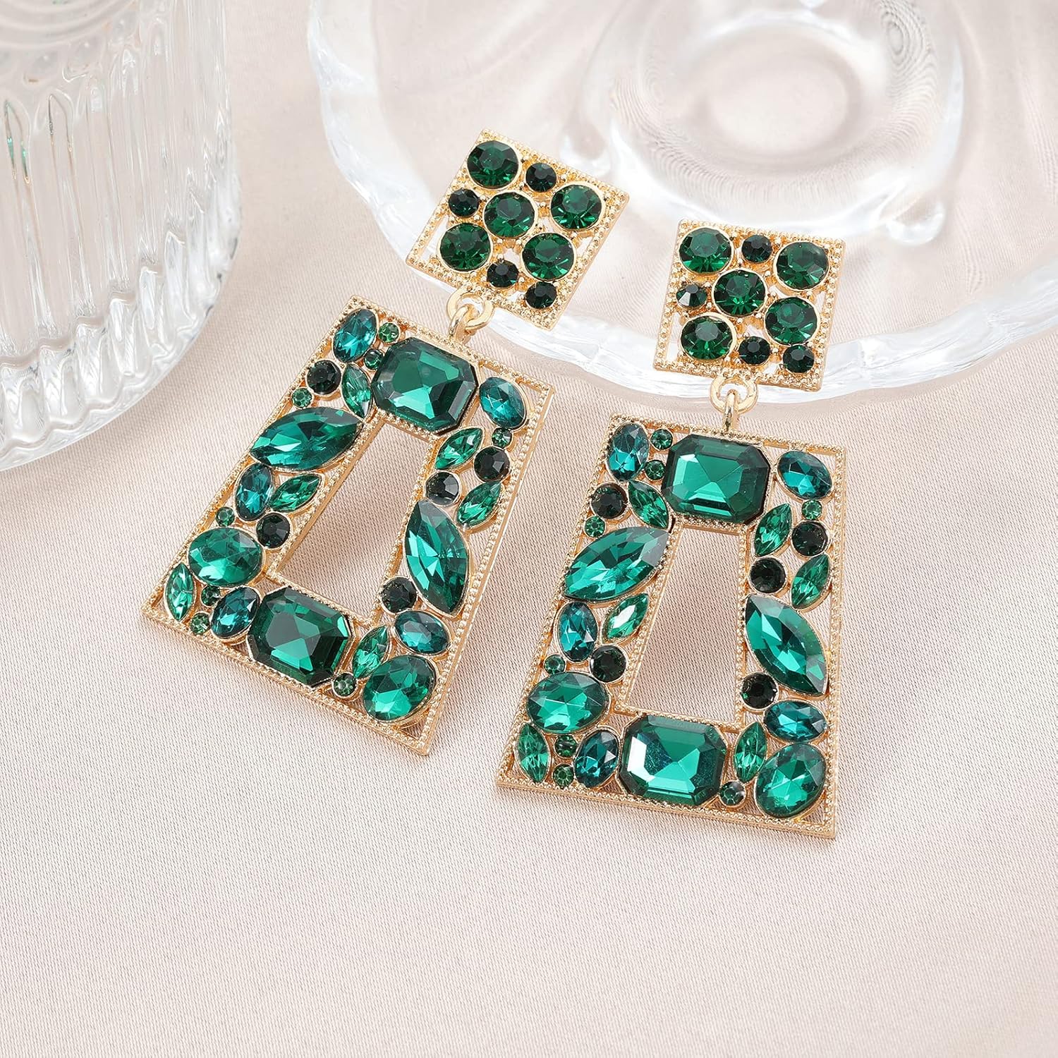 Rhinestone Rectangle Statement Earrings Colorful Crystal Geometric Drop Dangle Earrings for Women Prom Party - Image 6