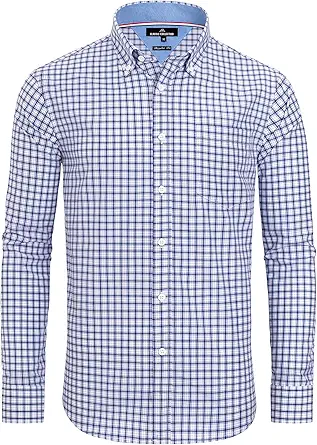 Alimens & Gentle Men's Plaid Button-Down Shirts, Cotton-Polyester Long Sleeve Dress Shirts, Regular Fit, Gingham Pattern