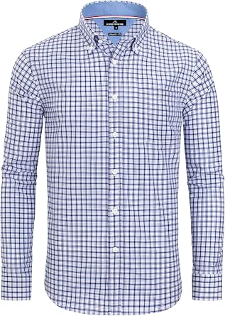 Alimens & Gentle Men's Plaid Button-Down Shirts, Cotton Long Sleeve Dress Shirts, Regular Fit Gingham Shirts
