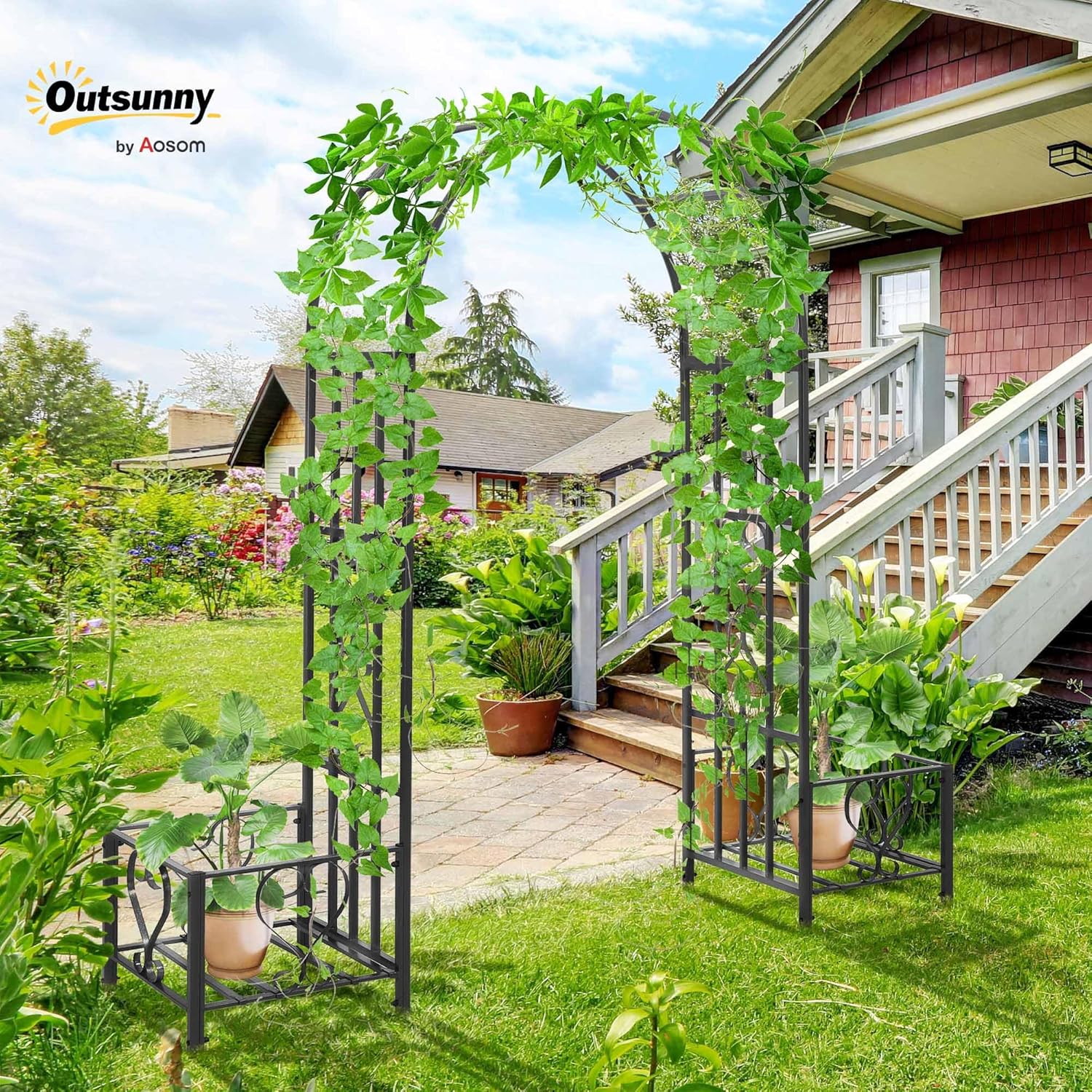 Outsunny 6.7' Steel Garden Arch Arbor with Scrollwork Hearts, Planter Boxes for Climbing Vines, Ceremony, Weddings, Party, Backyard, Lawn, Dark Gray