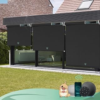 Yoolax Customized Motorized Outdoor Shades, Smart Blinds Compatible with Alexa Google, Remote Control Waterproof Blinds for Patio Porch Windows Outside (Blackout Black)