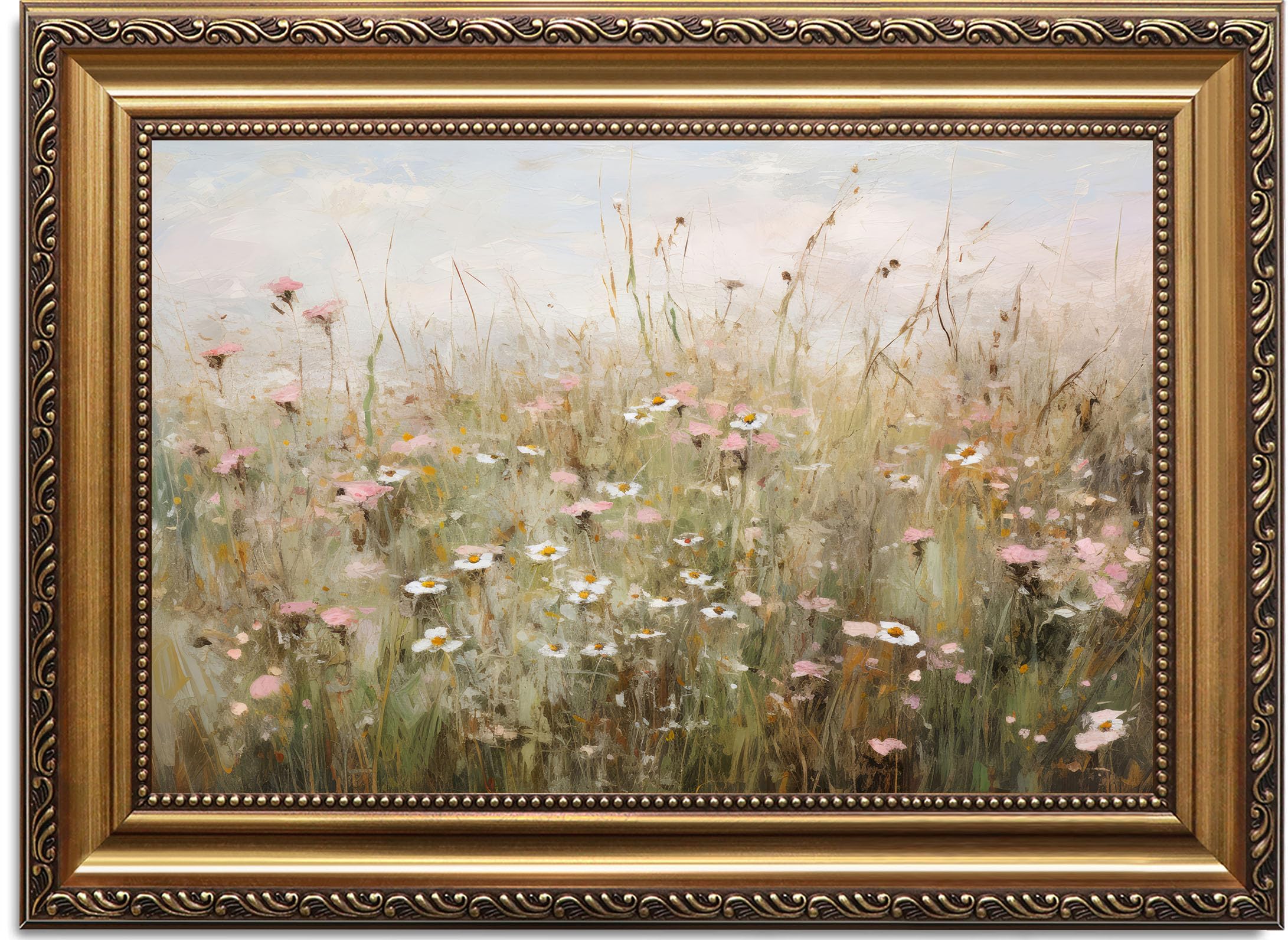 Photo 1 of *Frame cracked* ASTRDECOR Vintage Gold Framed Canvas Wall Art, Farmhouse Wall Decor Wildflower Field Landscape Oil Painting, Neutral Pink Spring Scenery Pictures Wall Decor, Vintage Artwork for Wall - 20"x30"