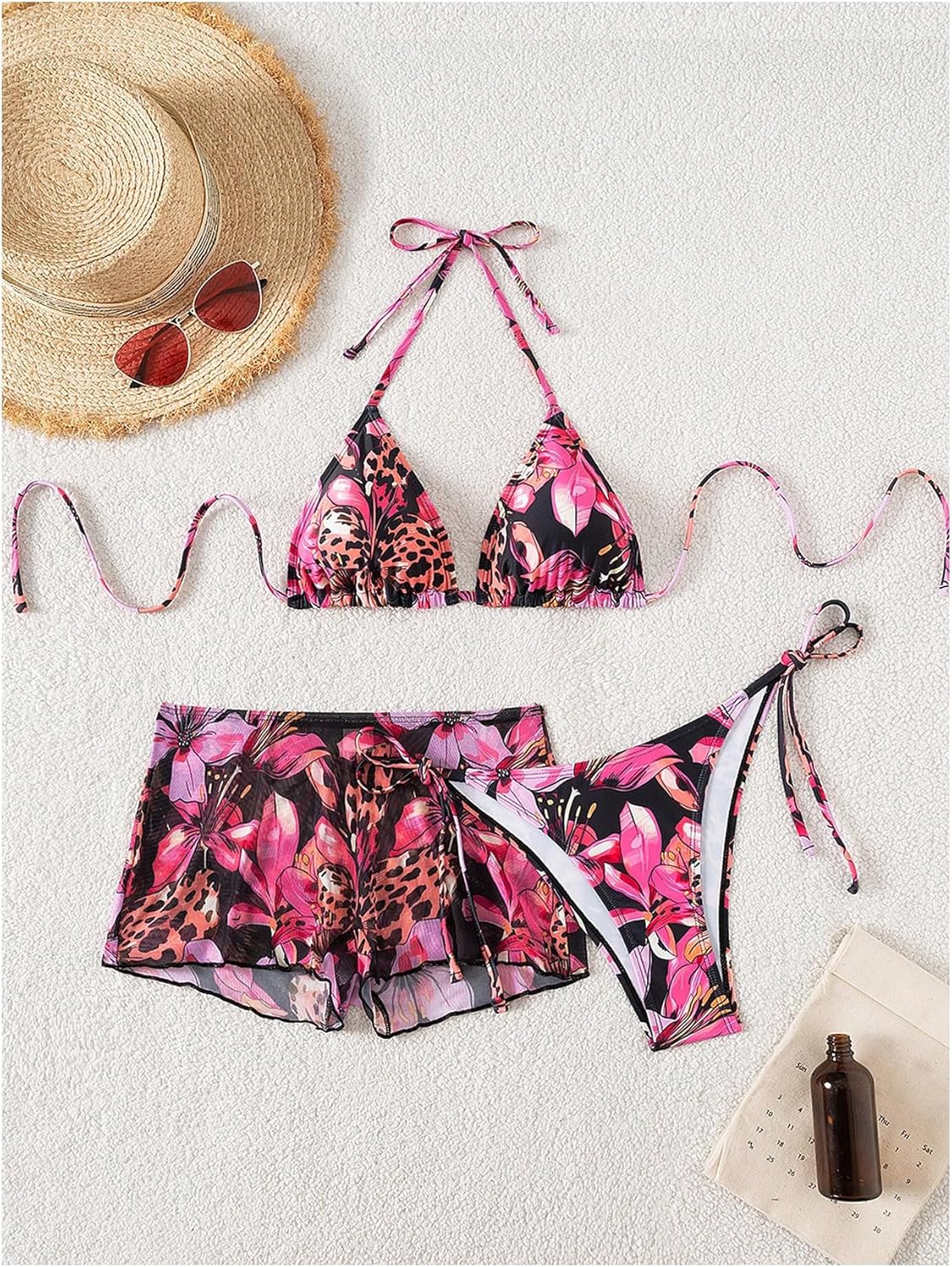 Verdusa Women's 3 Piece Leopard Floral Halter Bikni Set Boho String Swimsuits with Beach Cover Up Shorts - Image 6