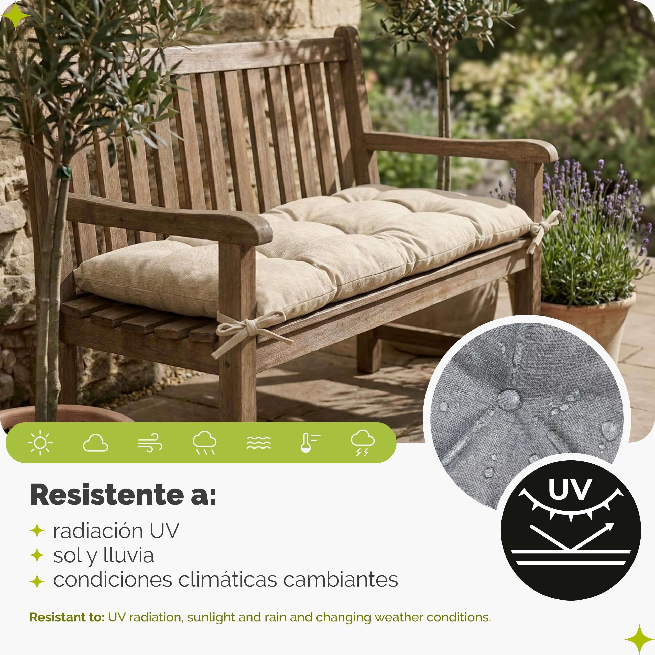 Garronda Cojín Impermeable para Banco 140x50 cm Aprox 10 cm Grosor Asiento Exterior para Banco de jardín y Columpio Acolchado Resistente UV con Cintas Grafito GD-0219