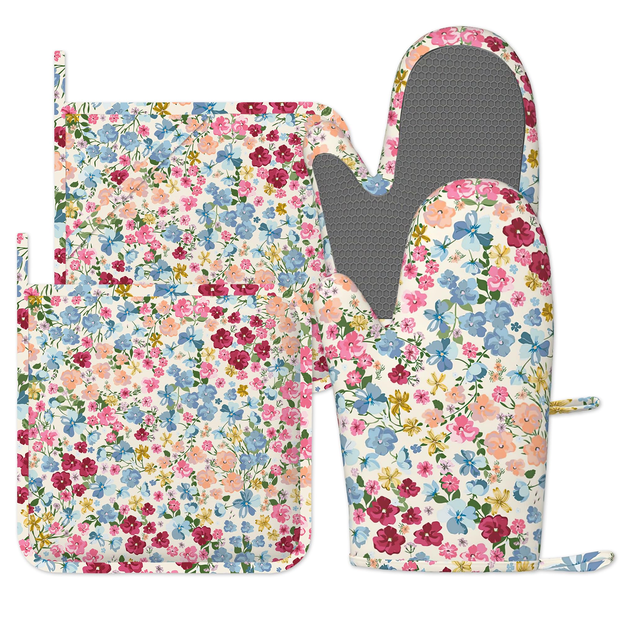 Oven Gloves Heat Resistant, Oven Mitts and Pot Holder Wild Flowers Meadow Kitchen Non-Slip Silicone Cooking Microwave Gloves for Cooking Baking Grilling