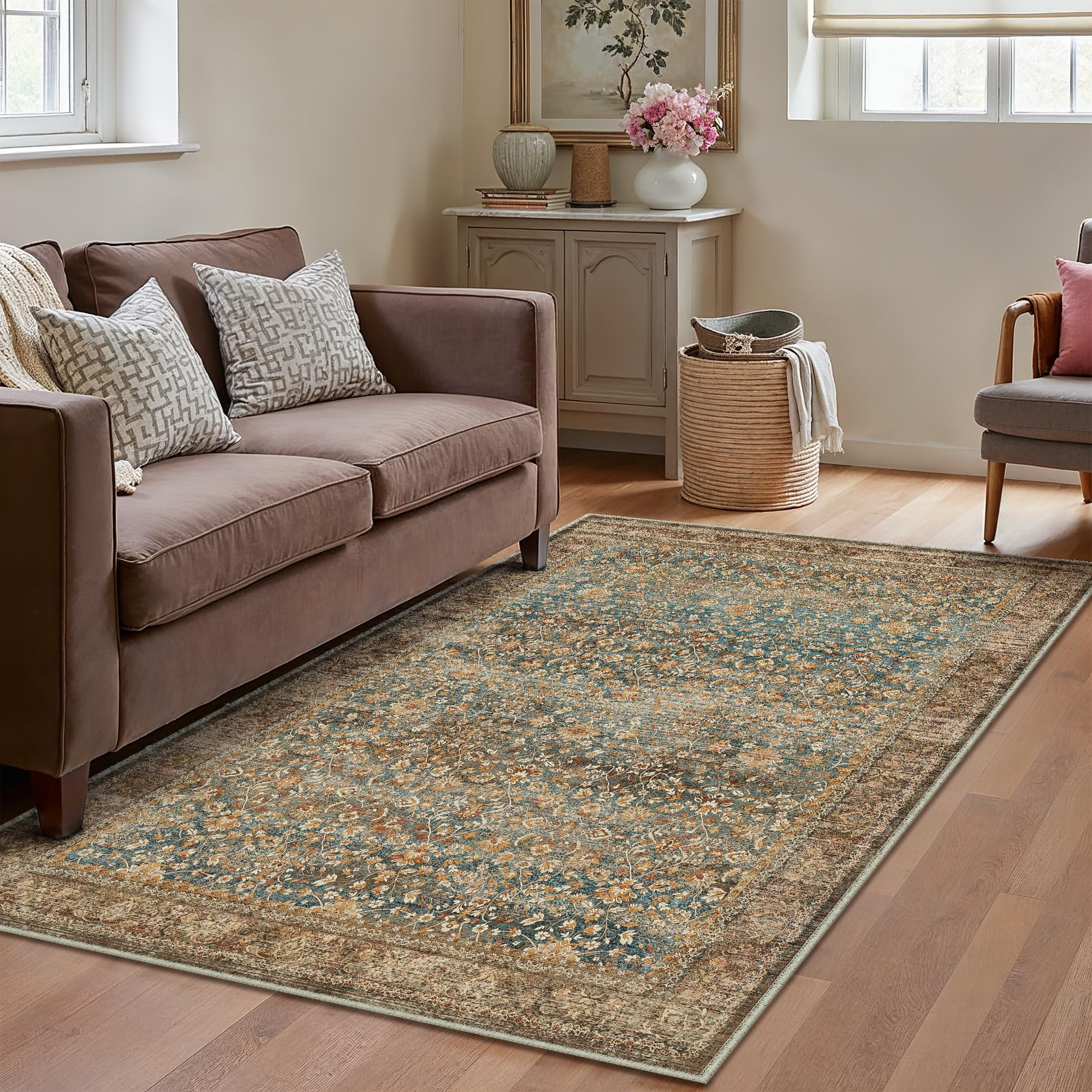 PureCozy Vintage Tappeto Salotto 120x180cm Camera da Letto Antiscivolo Lavabile in Lavatrice Rosso Tappeti Cucina Soggiorno Cameretta Sala Ufficio Pelo Corto Grande Carpet