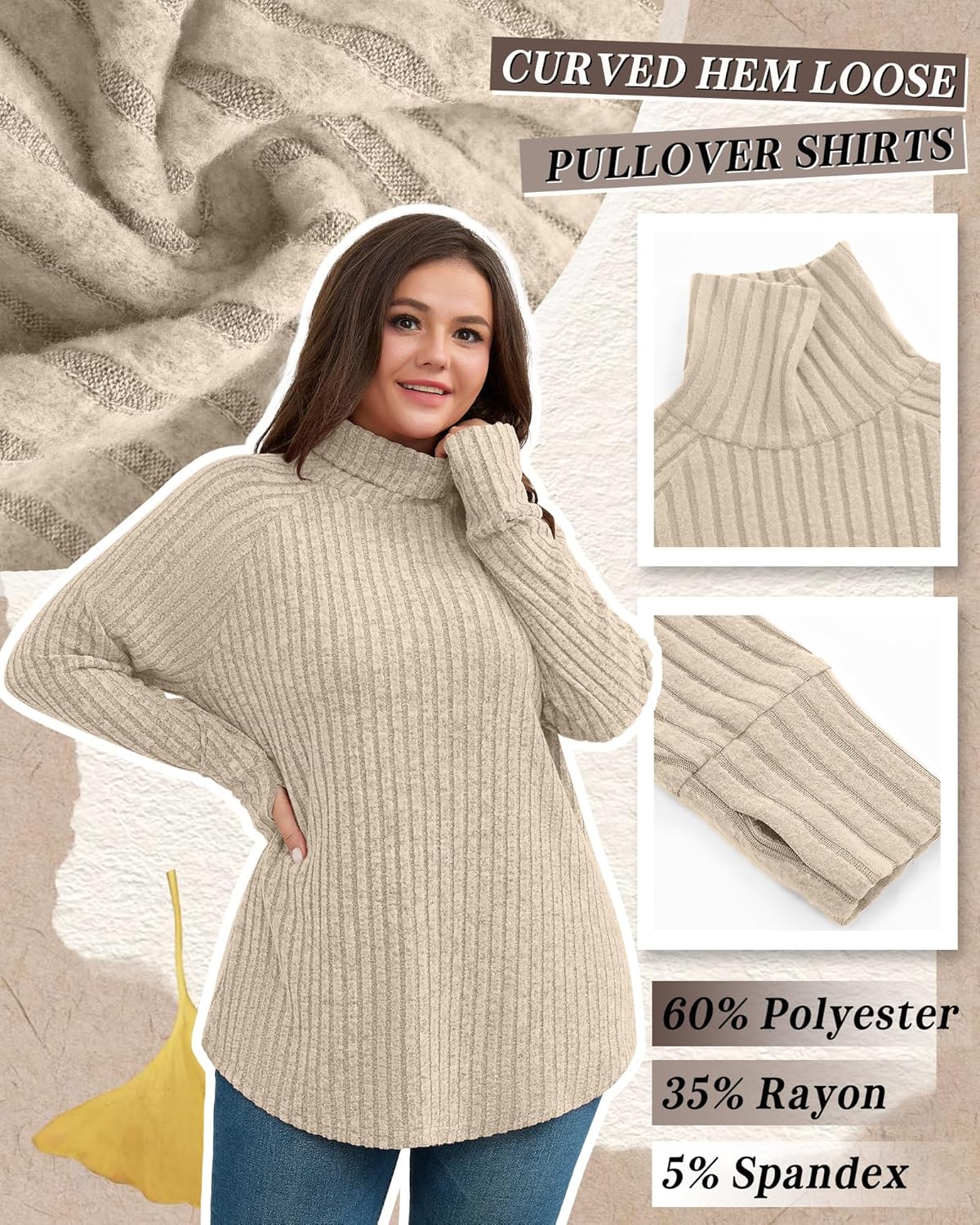 Ficerd 3 Pack Women's Plus Size Turtleneck Sweater Tunics, Long Sleeve Thumbhole Ribbed Tops Curved Hem Loose Pullover Shirts - Image 5