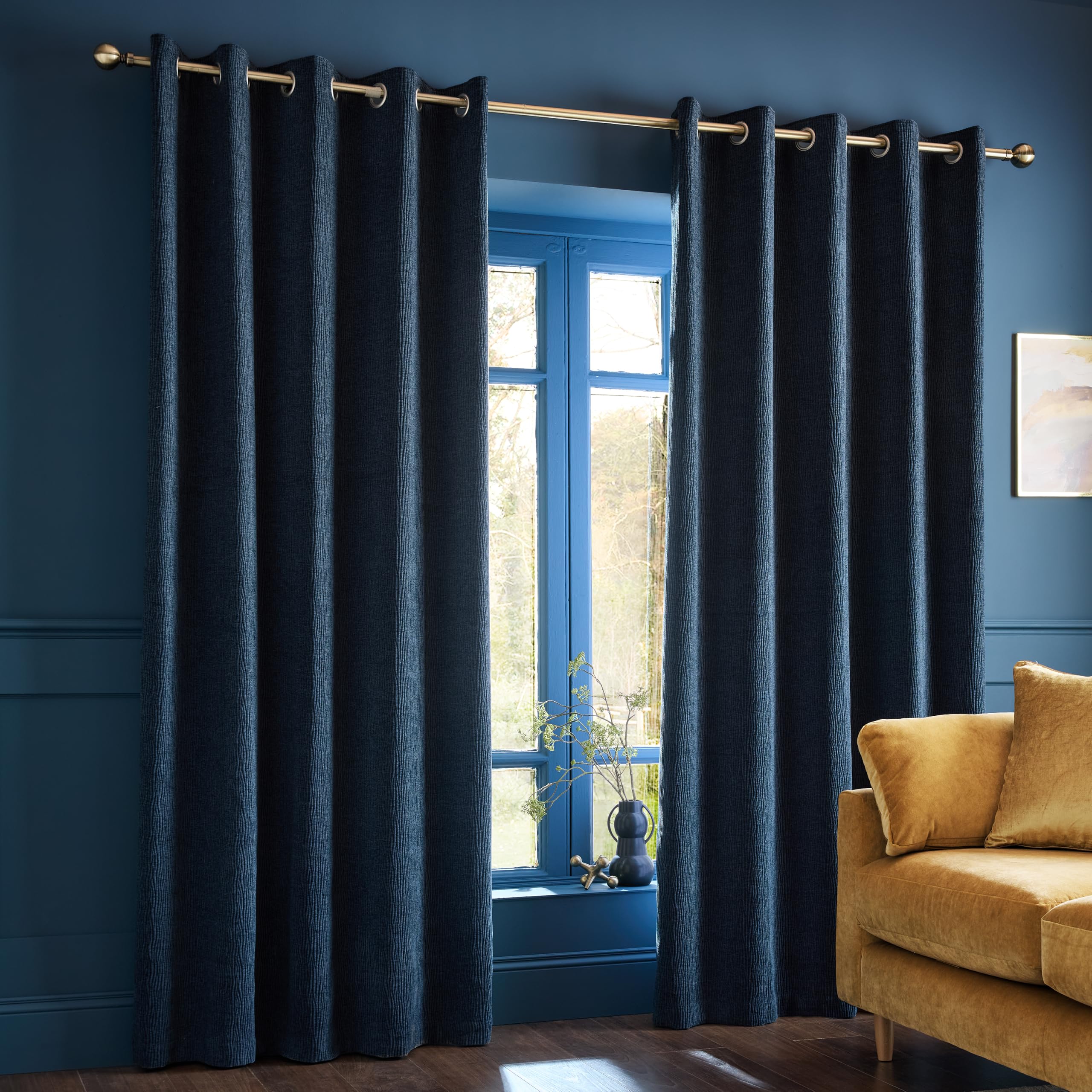 Catherine Lansfield Crinkle Chenille Lined Eyelet Curtains Blue 168X229cm