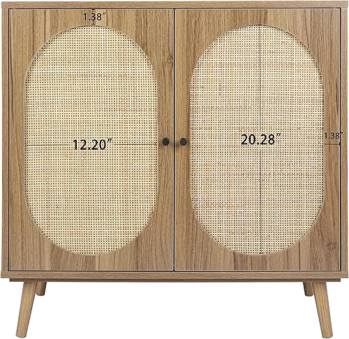 Miniatura 8 de Goujxcy Aparador de bufé gabinete de almacenamiento de cocina con 2 puertas de ratán natural hechas a mano gabinete de licor para sala de estar bar